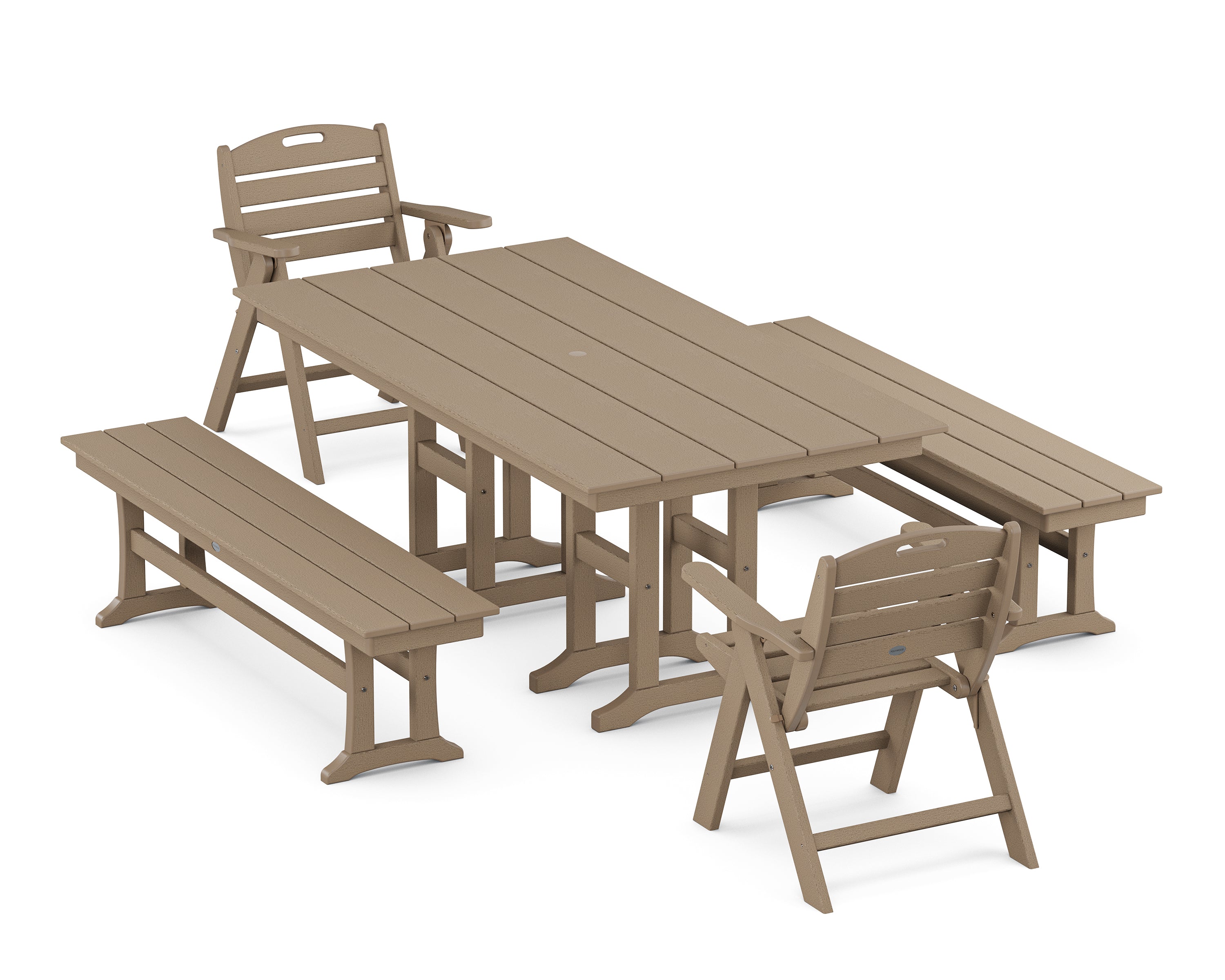 POLYWOOD Nautical Lowback 5-Piece Farmhouse Dining Set with Benches in Vintage Sahara