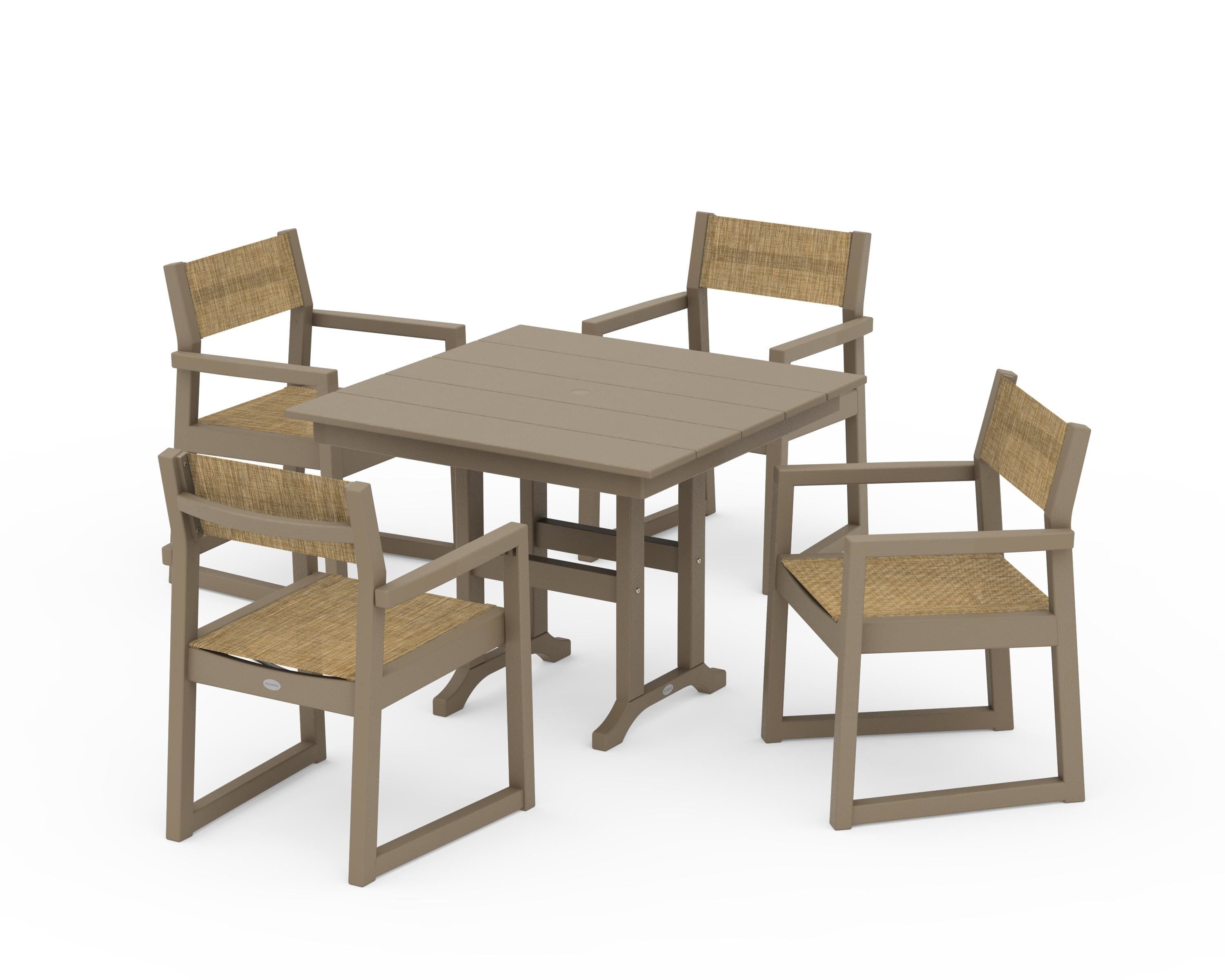 POLYWOOD EDGE Sling Arm Chair 5-Piece Farmhouse Dining Set in Vintage Sahara / Burlap Sling