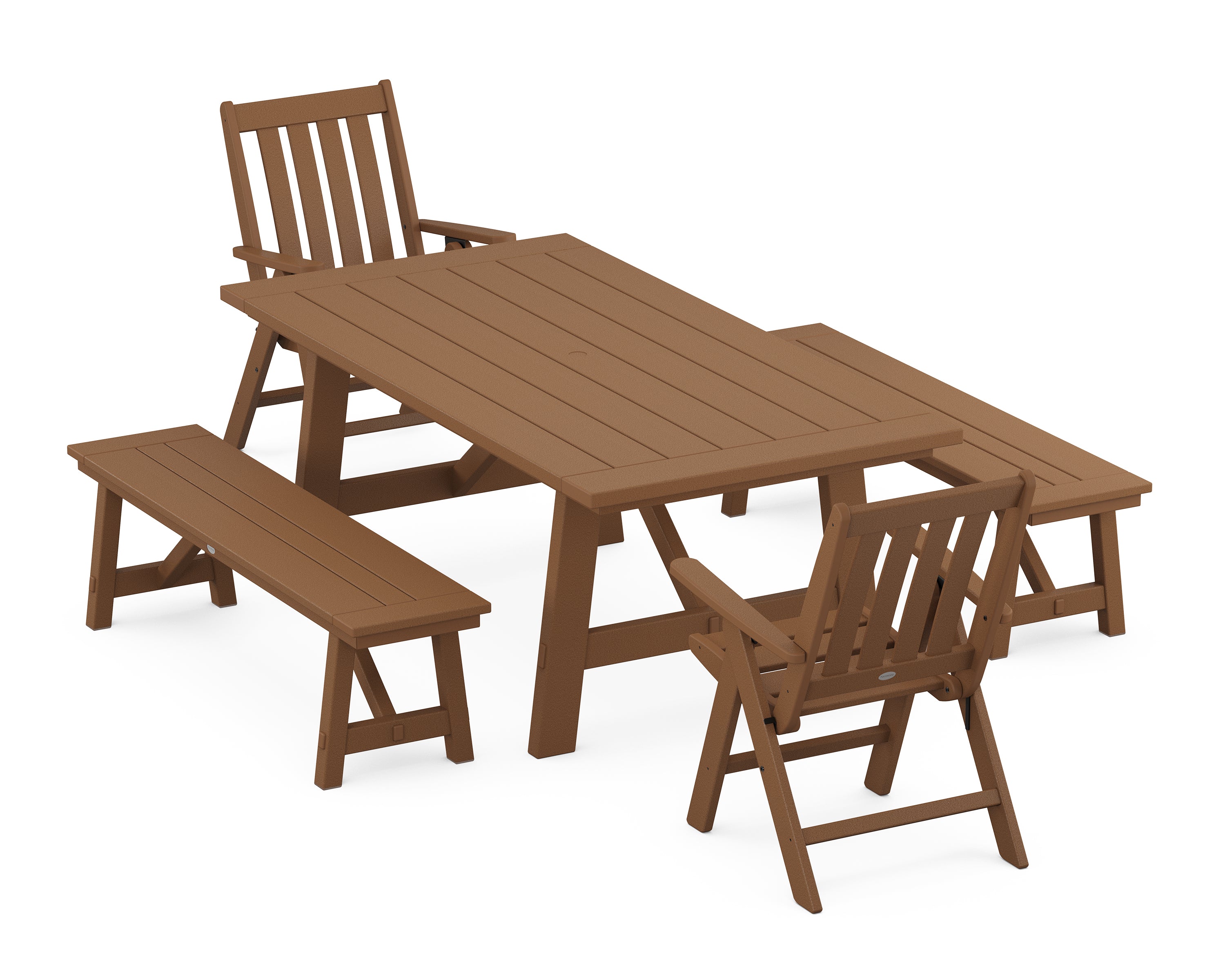 POLYWOOD® Vineyard Folding Chair 5-Piece Rustic Farmhouse Dining Set With Benches in Teak