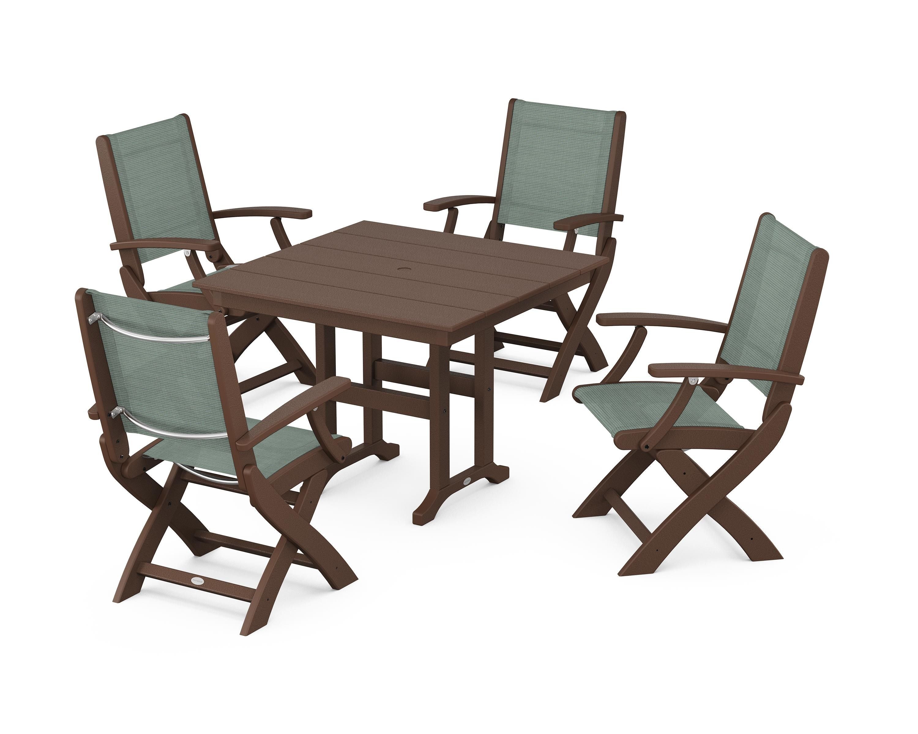 POLYWOOD Coastal Folding Chair 5-Piece Farmhouse Dining Set in Mahogany / Dupioni Sea Mist Sling