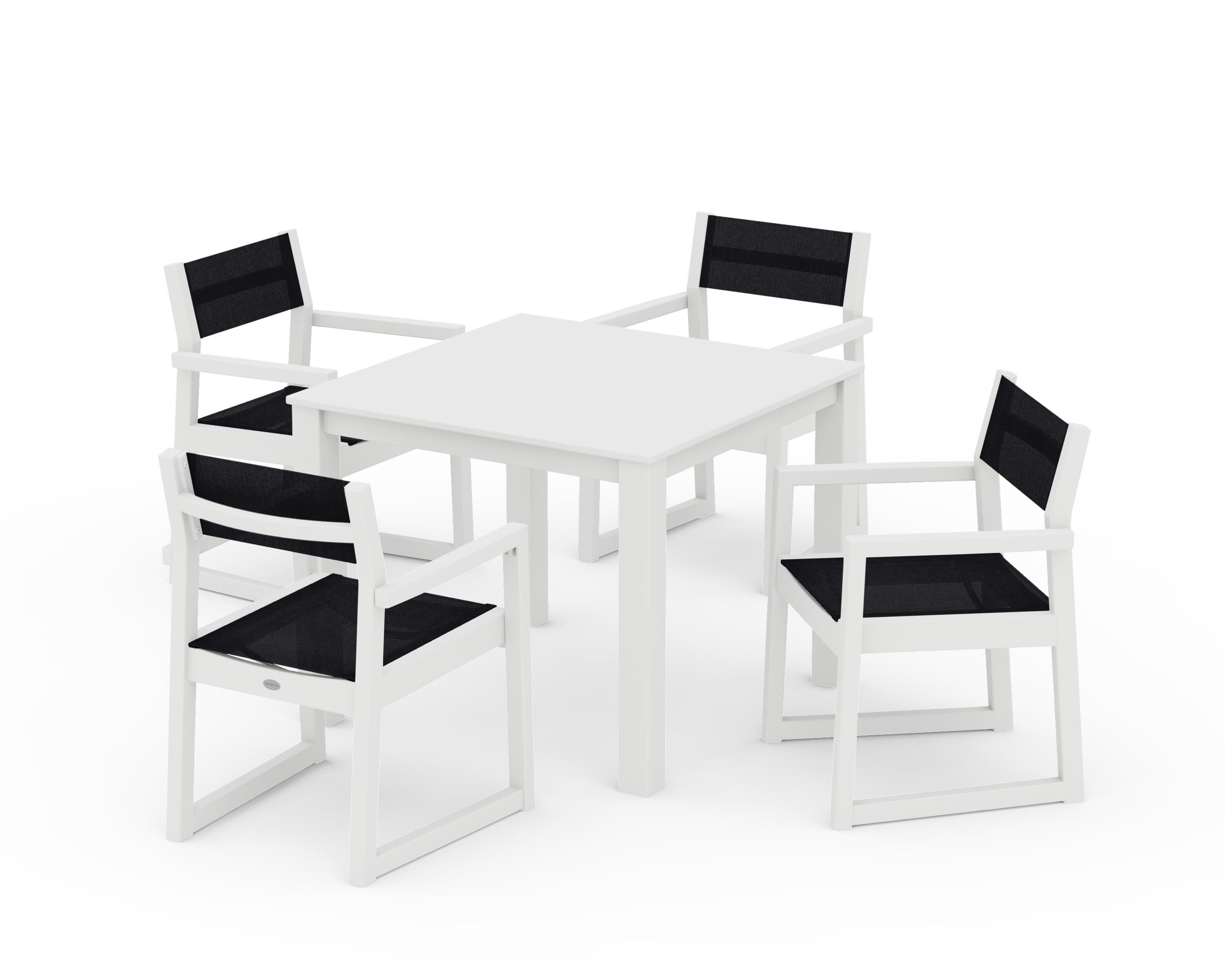 POLYWOOD EDGE Sling Arm Chair 5-Piece Parsons Dining Set in White / Black Sling