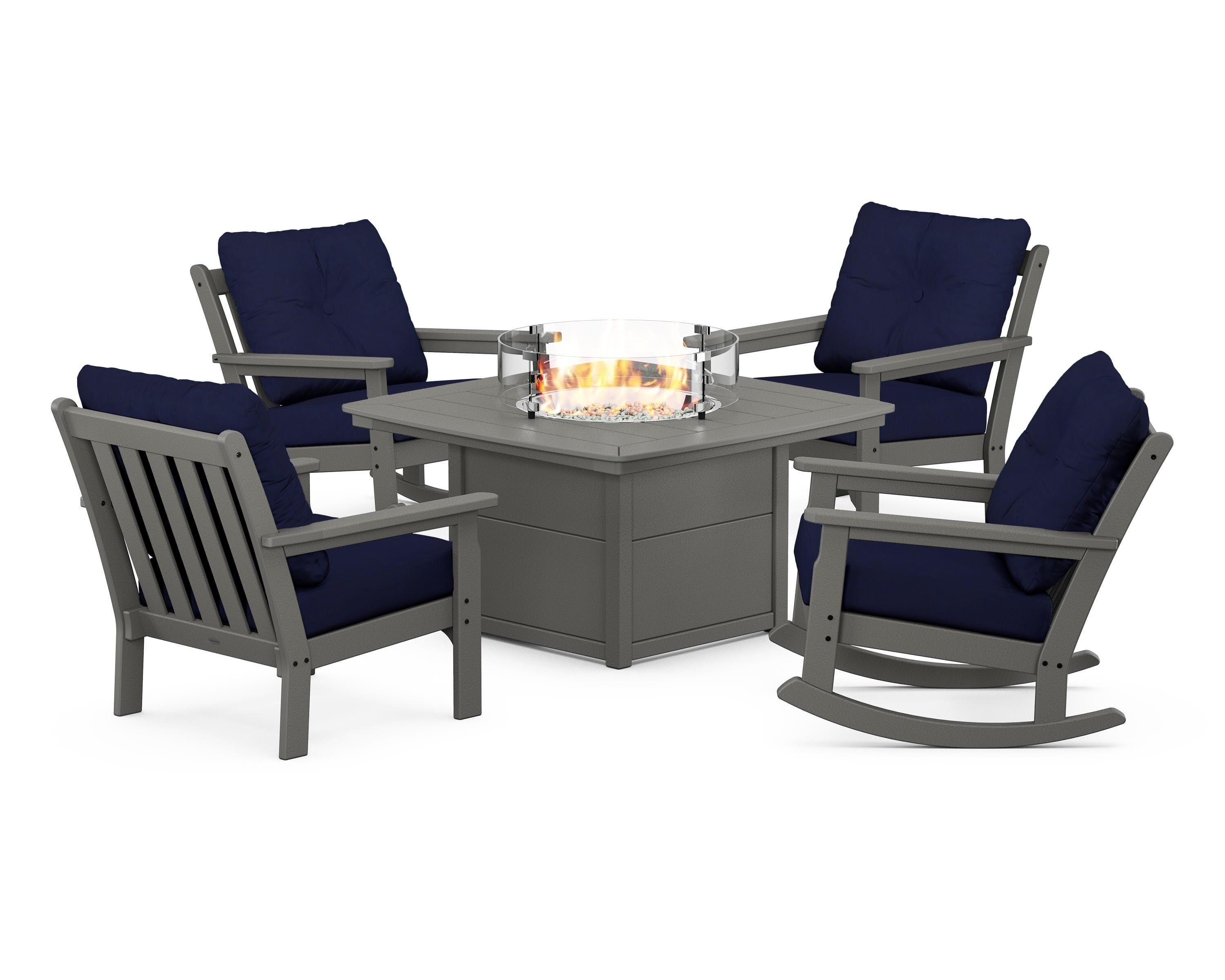 POLYWOOD Vineyard 5-Piece Deep Seating Rocking Chair Conversation Set with Fire Pit Table in Slate Grey / Navy