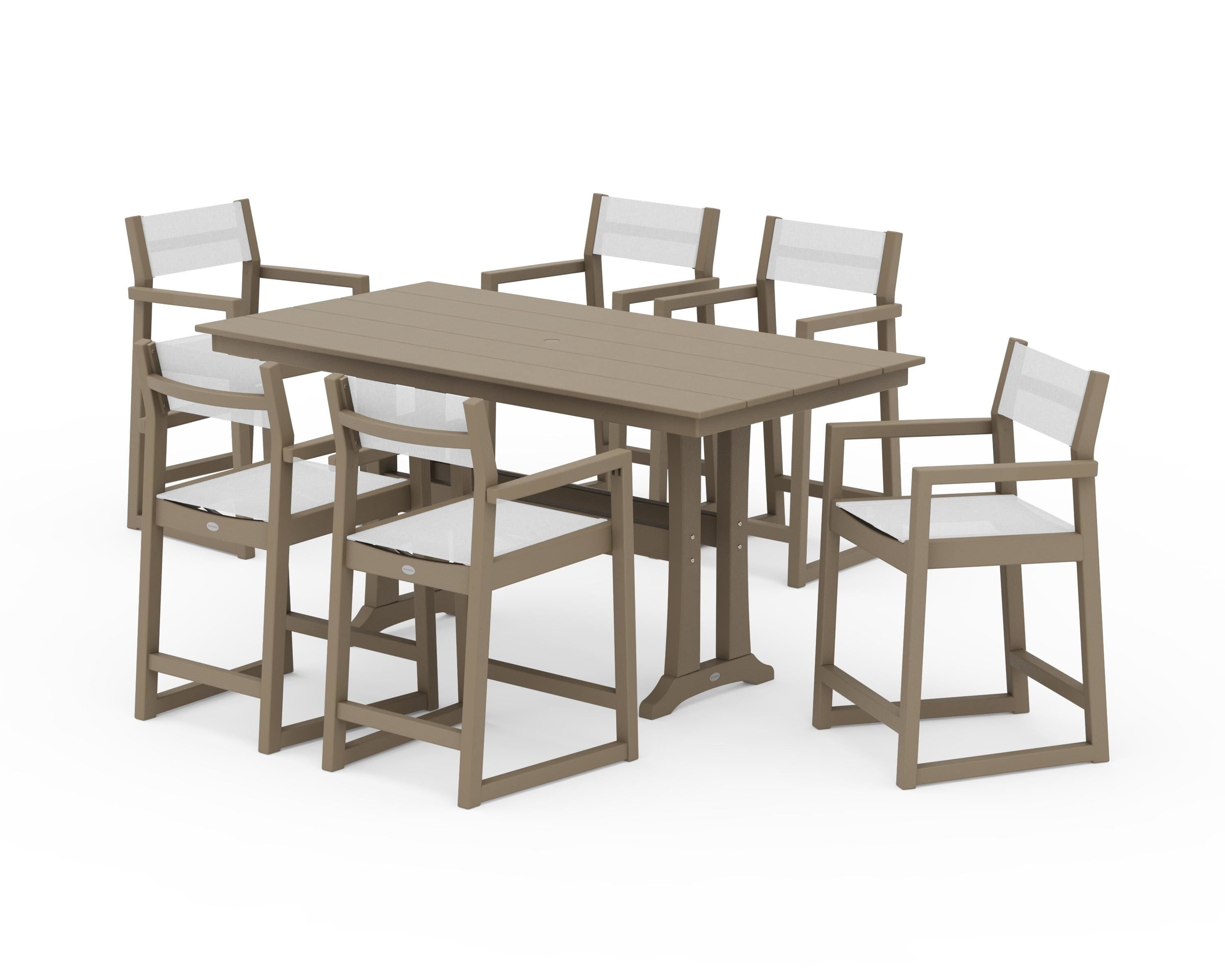 POLYWOOD EDGE Sling Arm Chair 7-Piece Farmhouse Counter Set with Trestle Legs in Vintage Sahara / White Sling