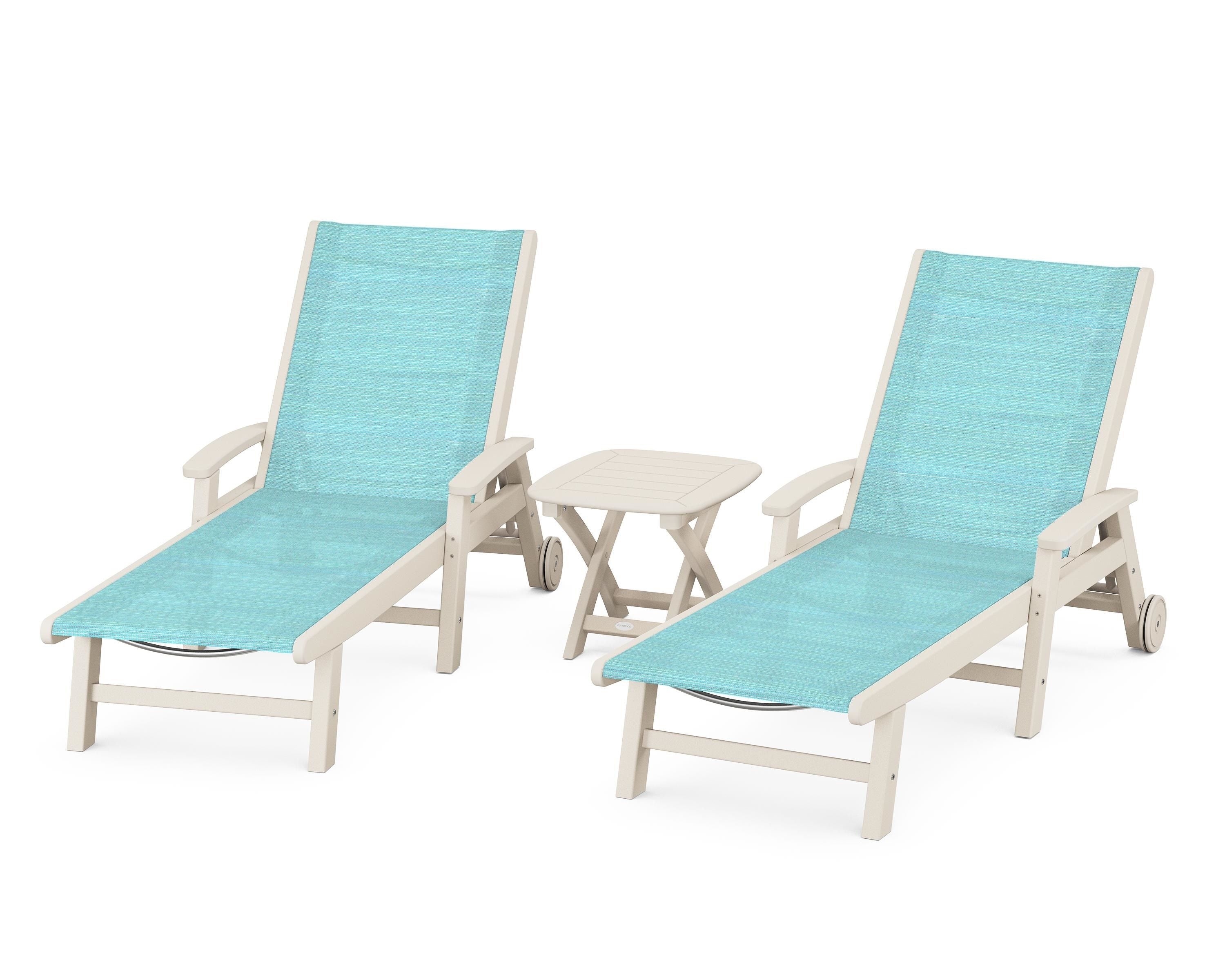 POLYWOOD Coastal 3-Piece Wheeled Chaise Set in Sand / Dupioni Aquamarine Sling