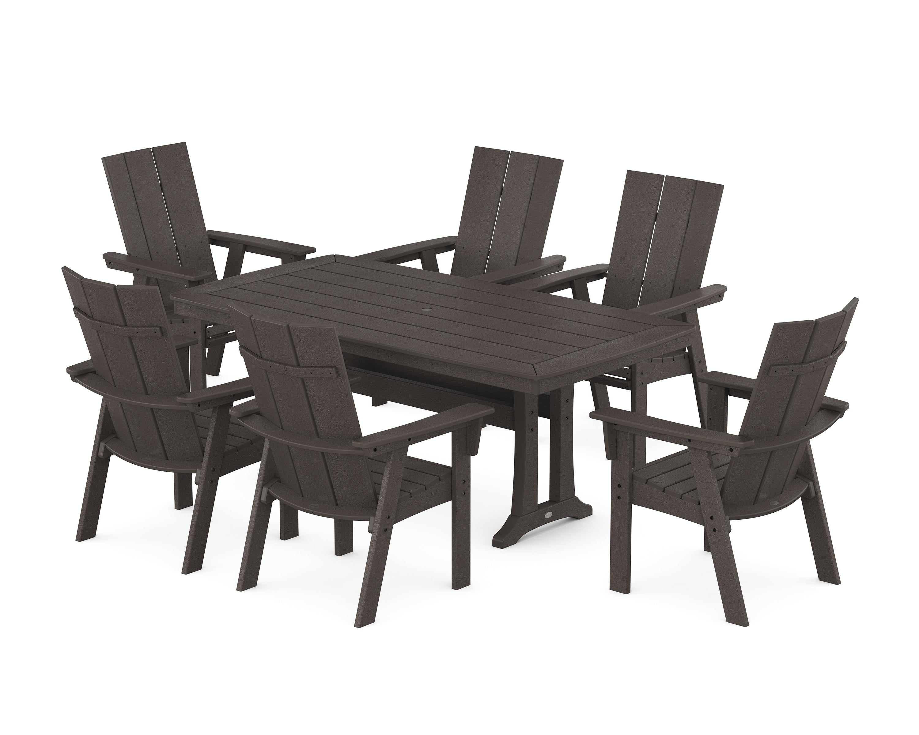 POLYWOOD Modern Curveback Adirondack 7-Piece Dining Set with Trestle Legs in Vintage Coffee