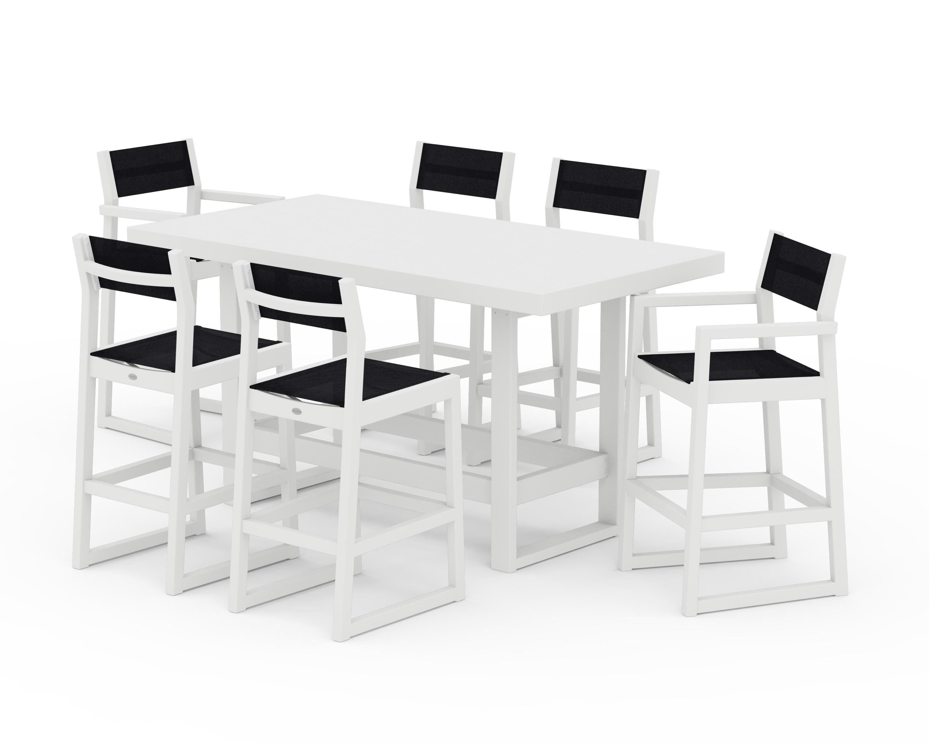 POLYWOOD EDGE Sling 7-Piece Bar Table Set in White / Black Sling