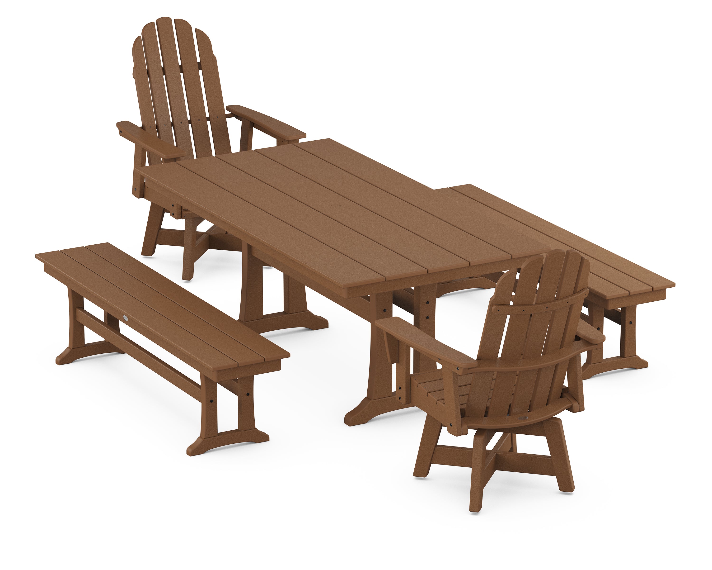 POLYWOOD® Vineyard Curveback Adirondack Swivel Chair 5-Piece Farmhouse Dining Set With Trestle Legs and Benches in Teak