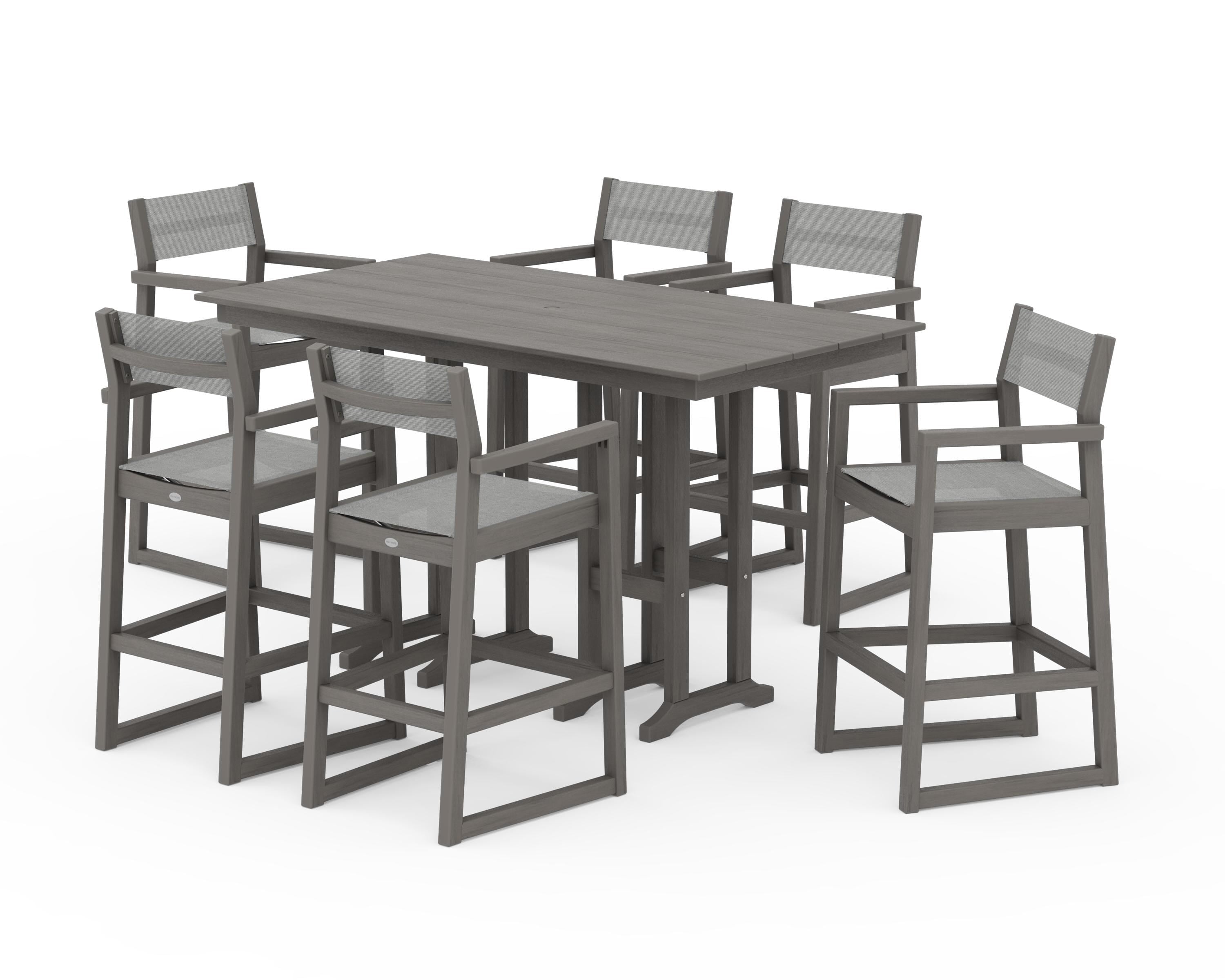 POLYWOOD EDGE Sling Arm Chair 7-Piece Farmhouse Bar Set in Driftwood / Metallic Sling