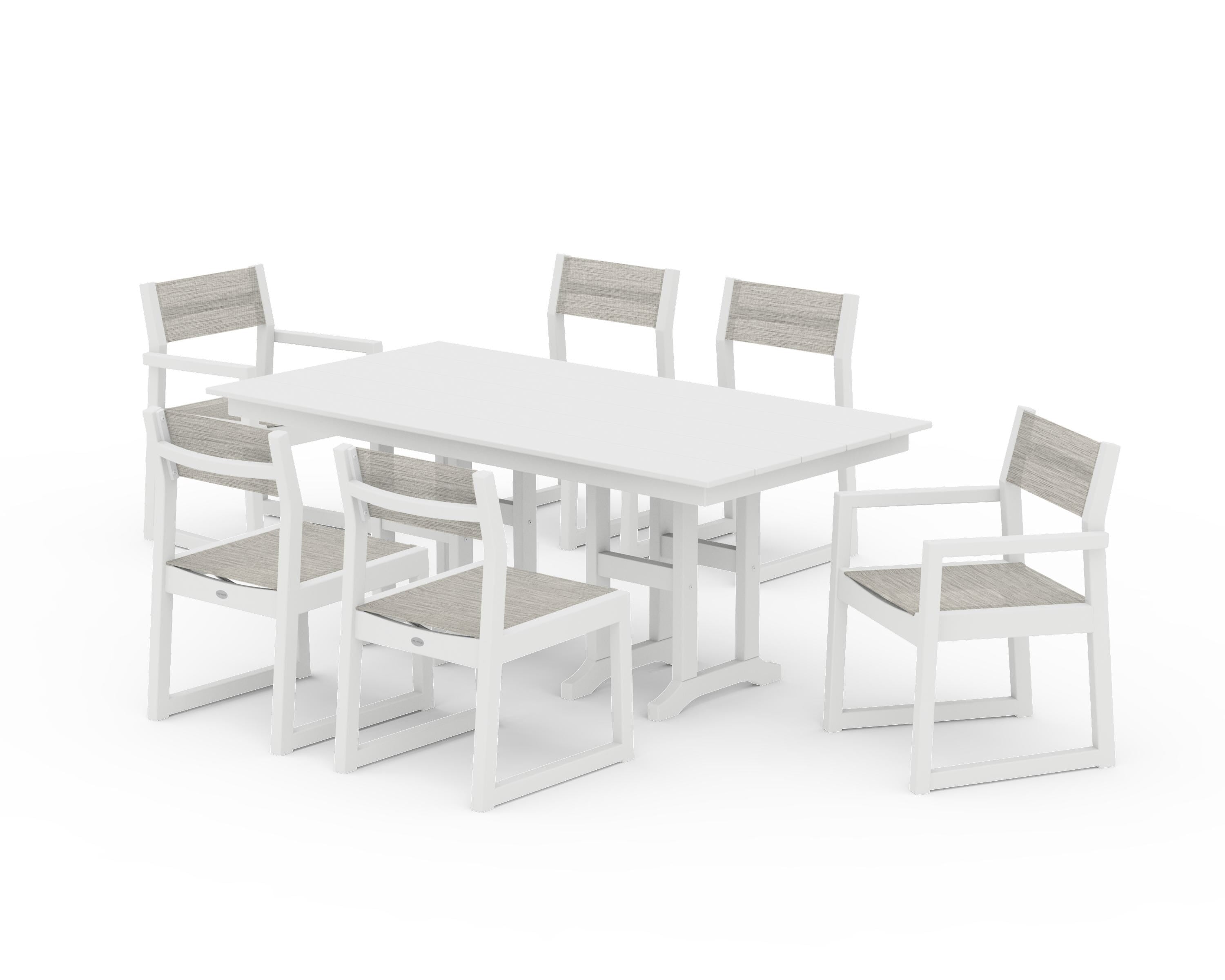 POLYWOOD EDGE Sling 7-Piece Farmhouse Dining Set in White / Birch Sling
