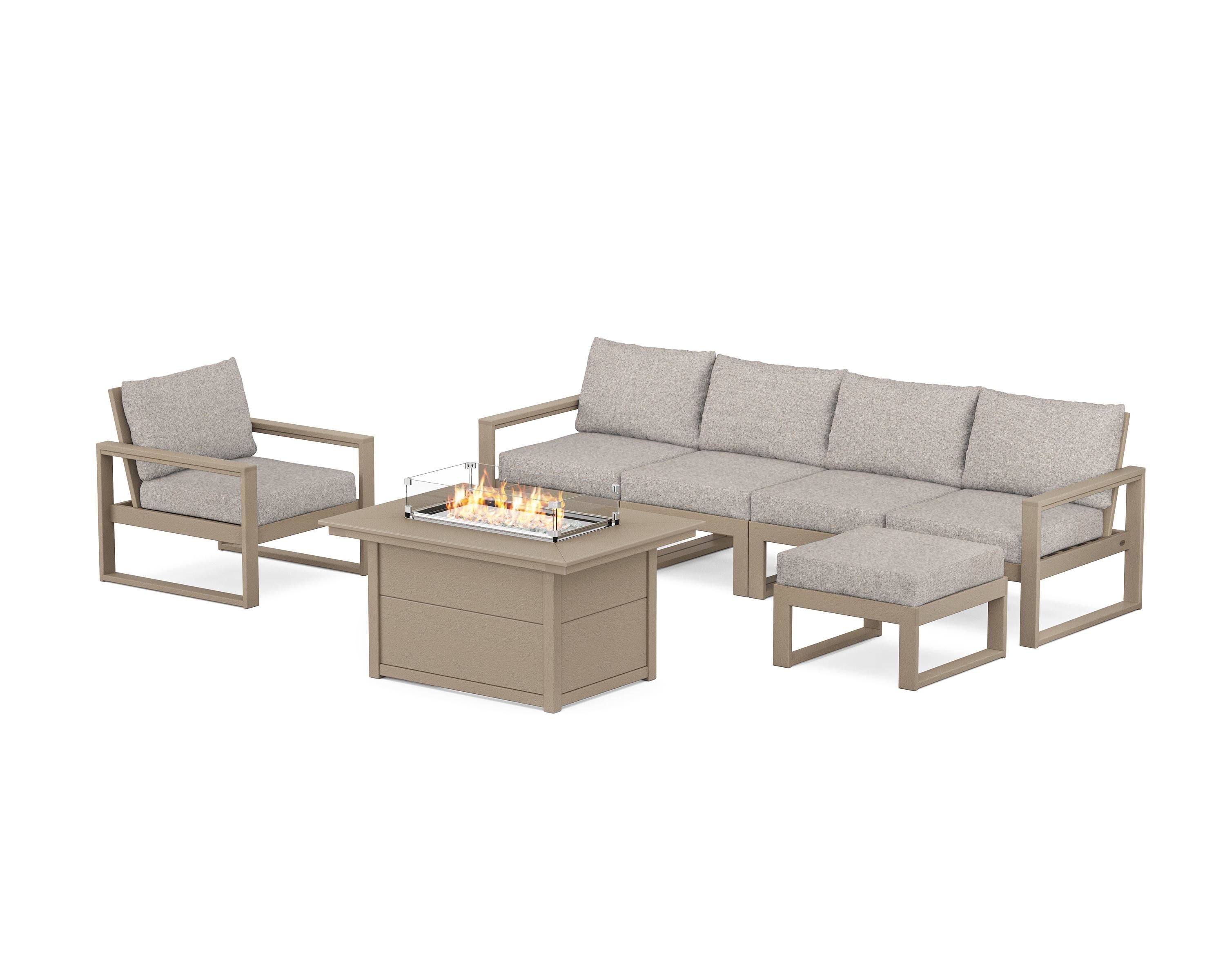POLYWOOD EDGE Sectional Lounge and Fire Pit Set in Vintage Sahara / Weathered Tweed