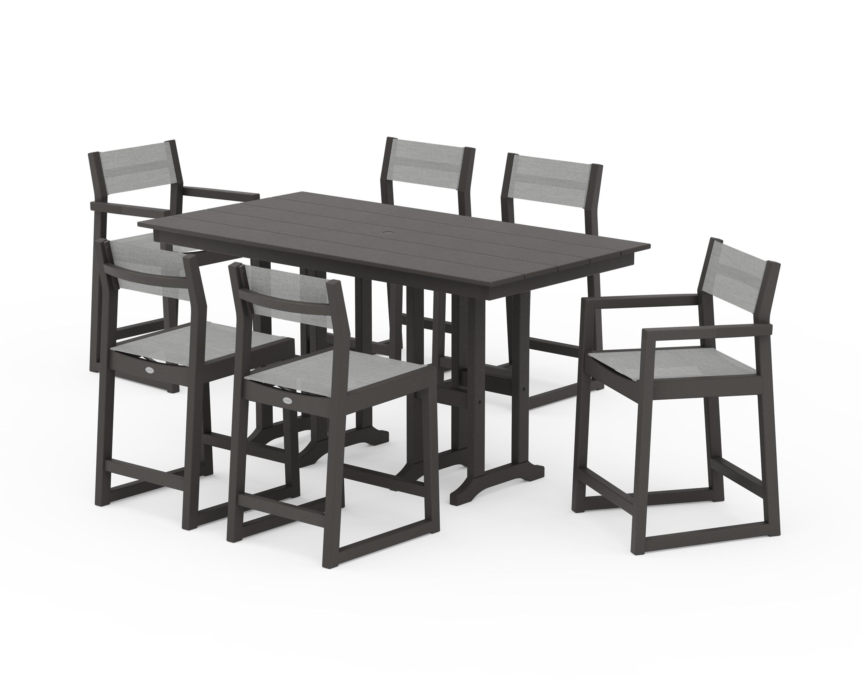 POLYWOOD EDGE Sling 7-Piece Farmhouse Counter Set in Vintage Coffee / Metallic Sling