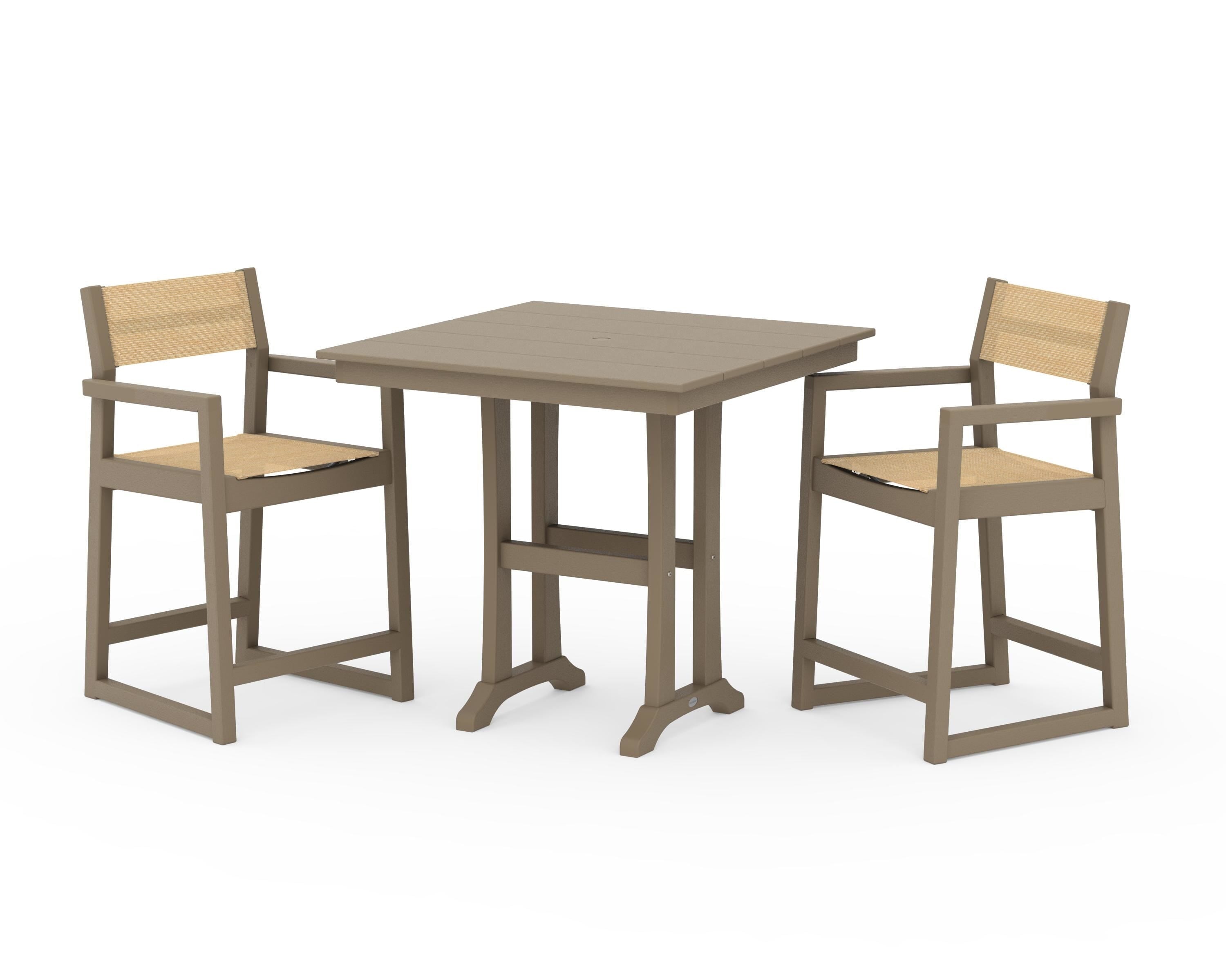 POLYWOOD EDGE Sling Arm Chair 3-Piece Farmhouse Counter Set with Trestle Legs in Vintage Sahara / Dupioni Apricot Sling