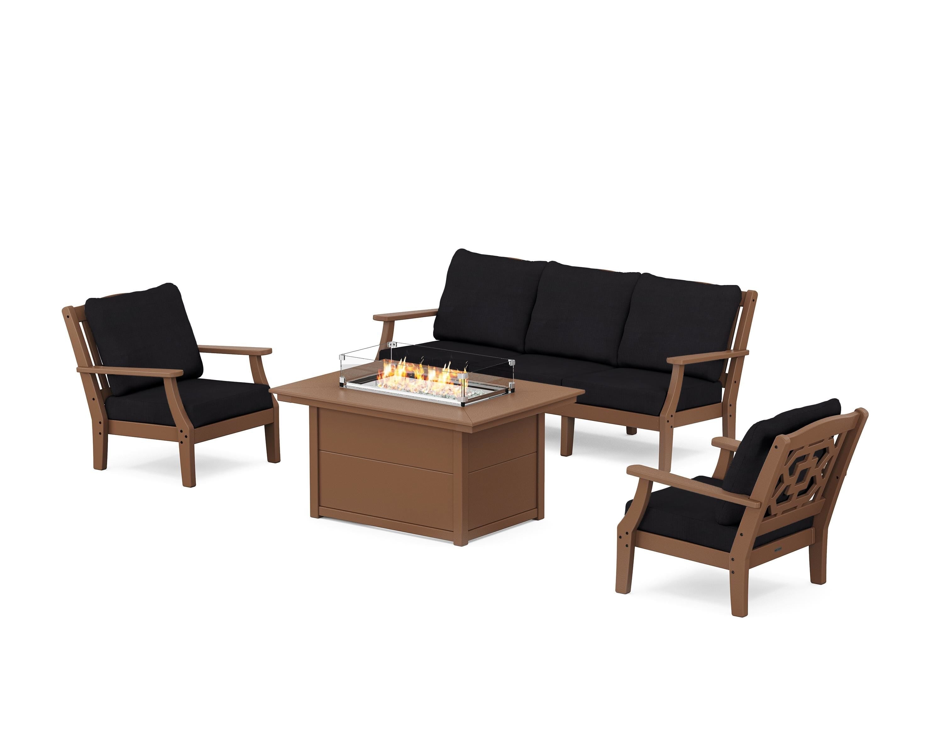 Martha Stewart by POLYWOOD Chinoiserie Deep Seating Fire Pit Table Set in Teak / Midnight Linen