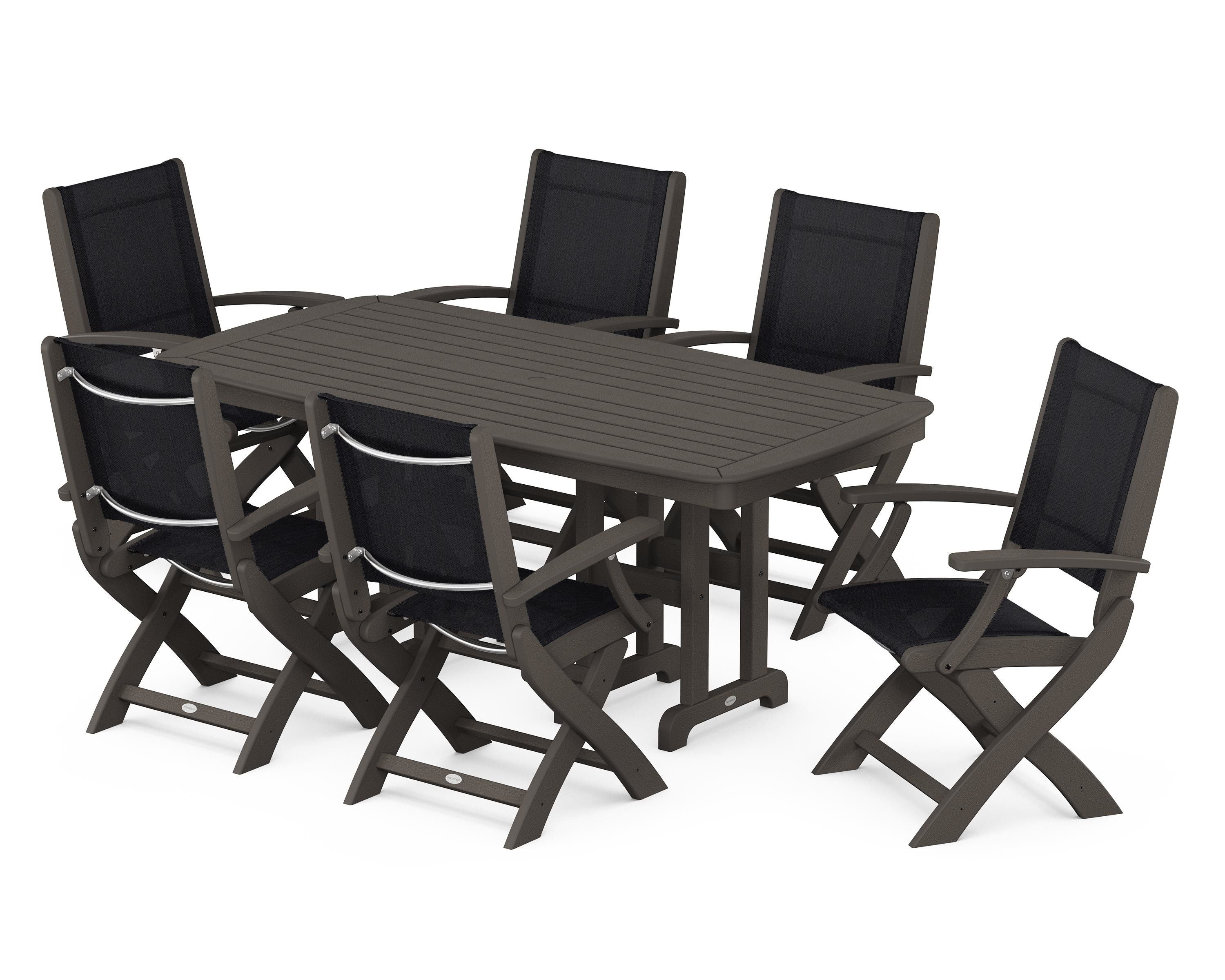 POLYWOOD Coastal Folding Arm Chair 7-Piece Dining Set in Vintage Coffee / Black Sling