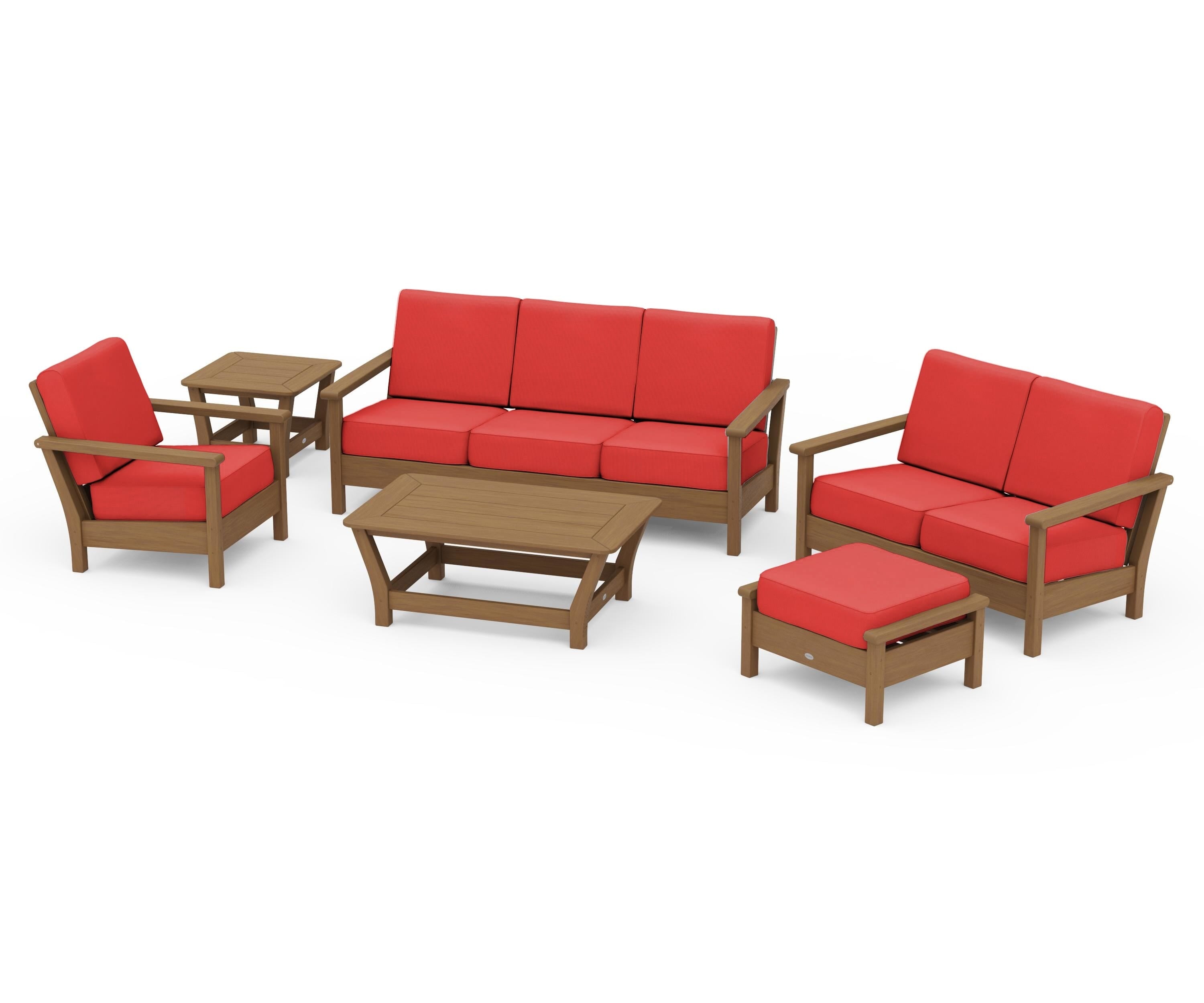 POLYWOOD Harbour 6-Piece Outdoor Living Set in Natural / Crimson Linen