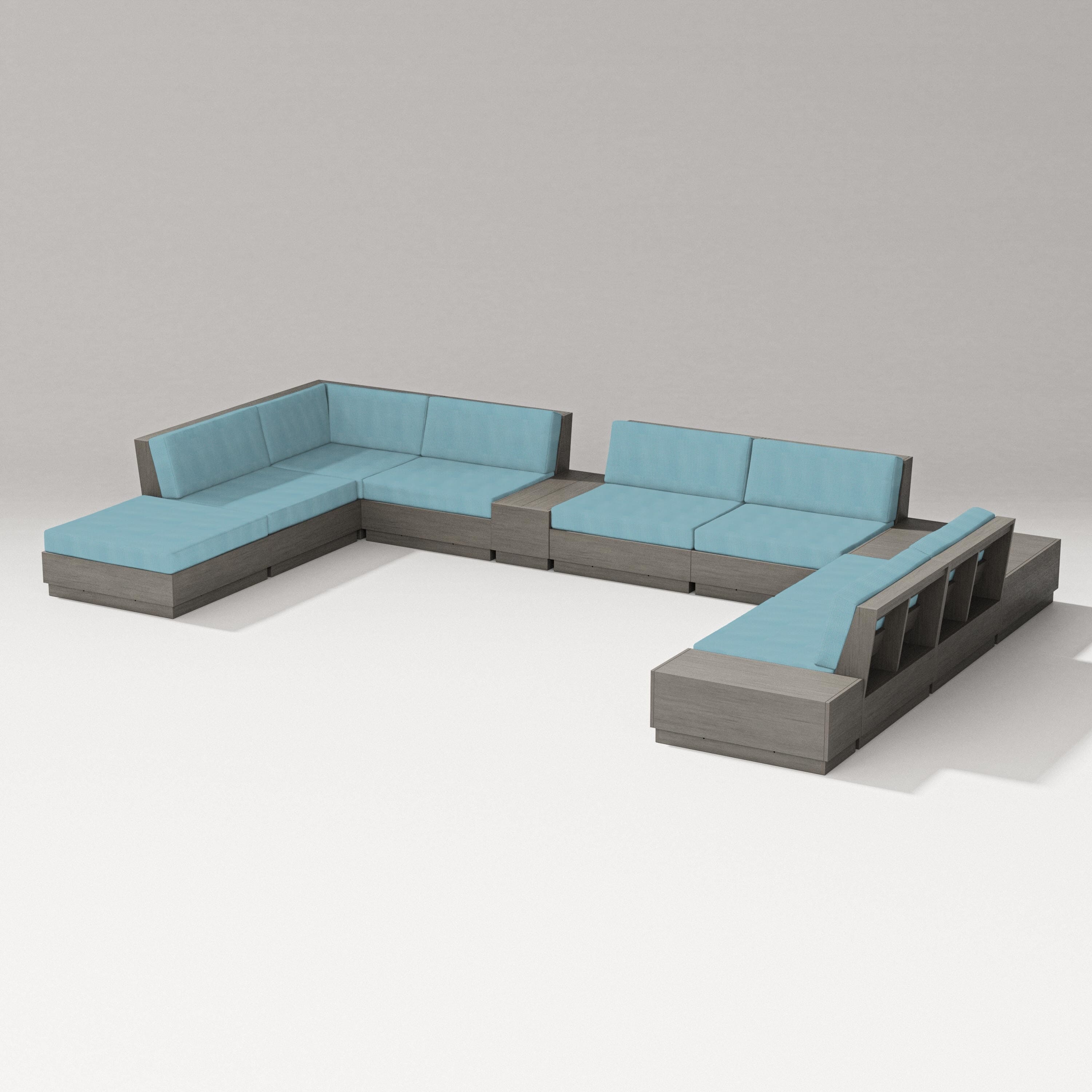 PW Designer Series Elevate 11-Piece Conversation Sectional Set in Driftwood / Lattice Sky Blue