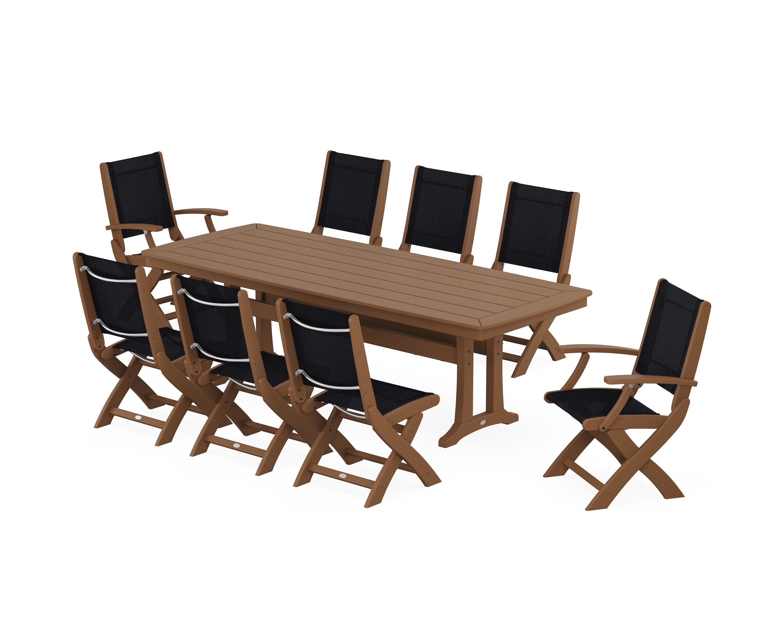 POLYWOOD Coastal Folding 9-Piece Dining Set with Trestle Legs in Teak / Black Sling