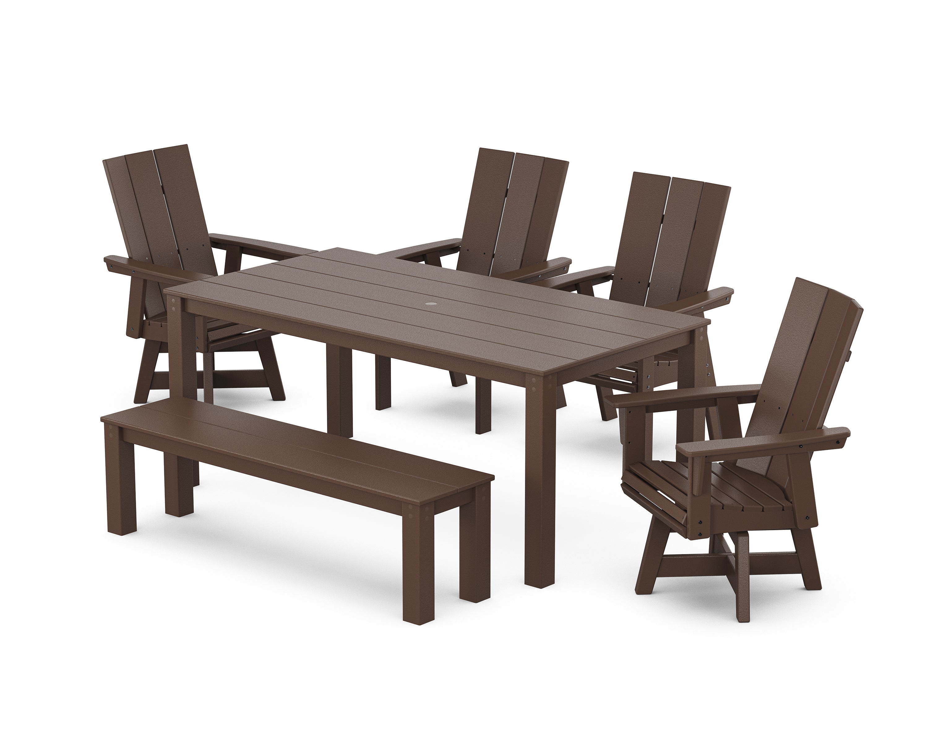 POLYWOOD® Modern Curveback Adirondack 6-Piece Parsons Swivel Dining Set with Bench in Mahogany