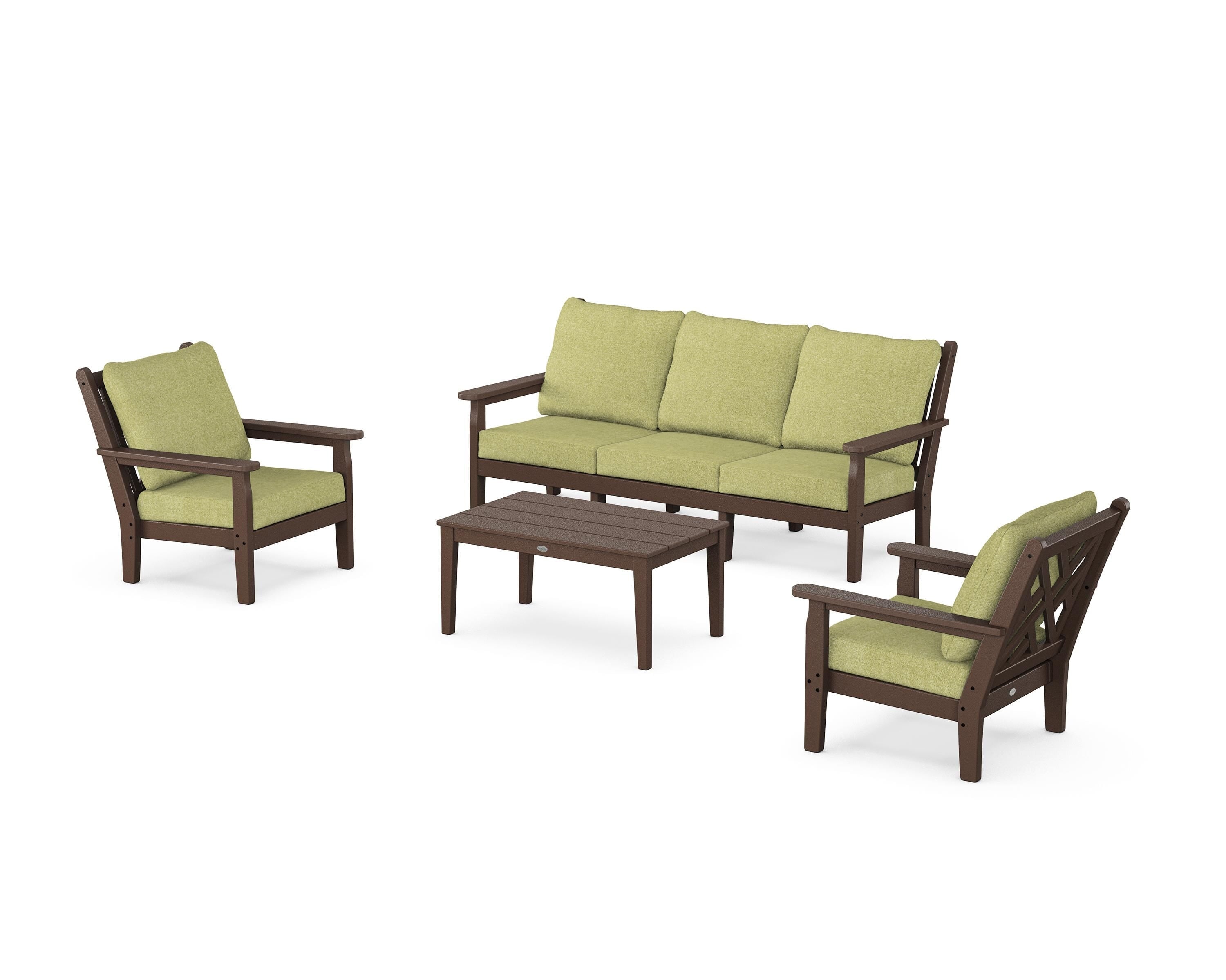 POLYWOOD Chippendale 4-Piece Deep Seating Set with Sofa in Mahogany / Chartreuse Boucle