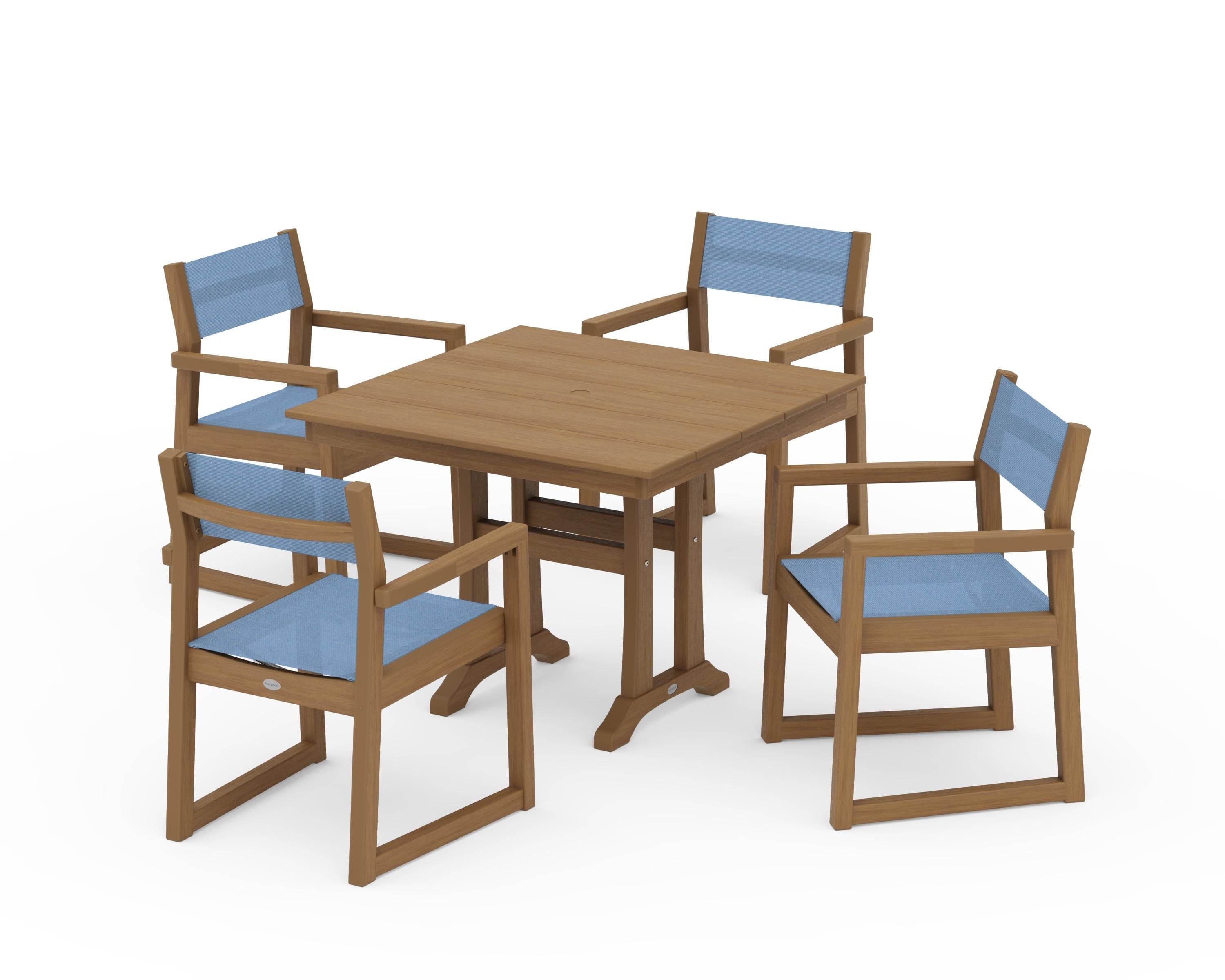 POLYWOOD EDGE Sling 5-Piece Farmhouse Dining Set with Trestle Legs in Natural / Poolside Sling