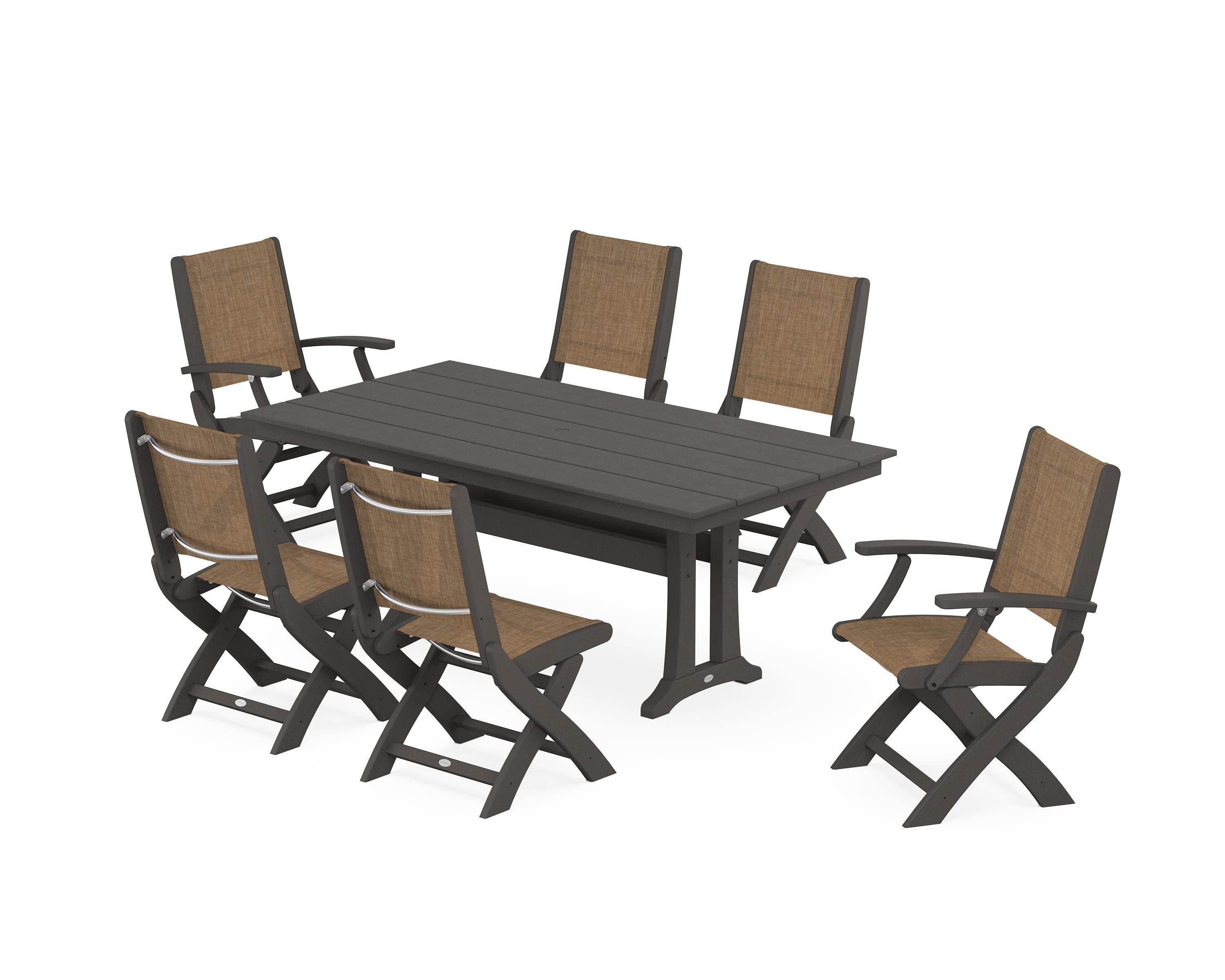 POLYWOOD Coastal Folding Chair 7-Piece Farmhouse Dining Set with Trestle Legs in Vintage Coffee / Burlap Sling
