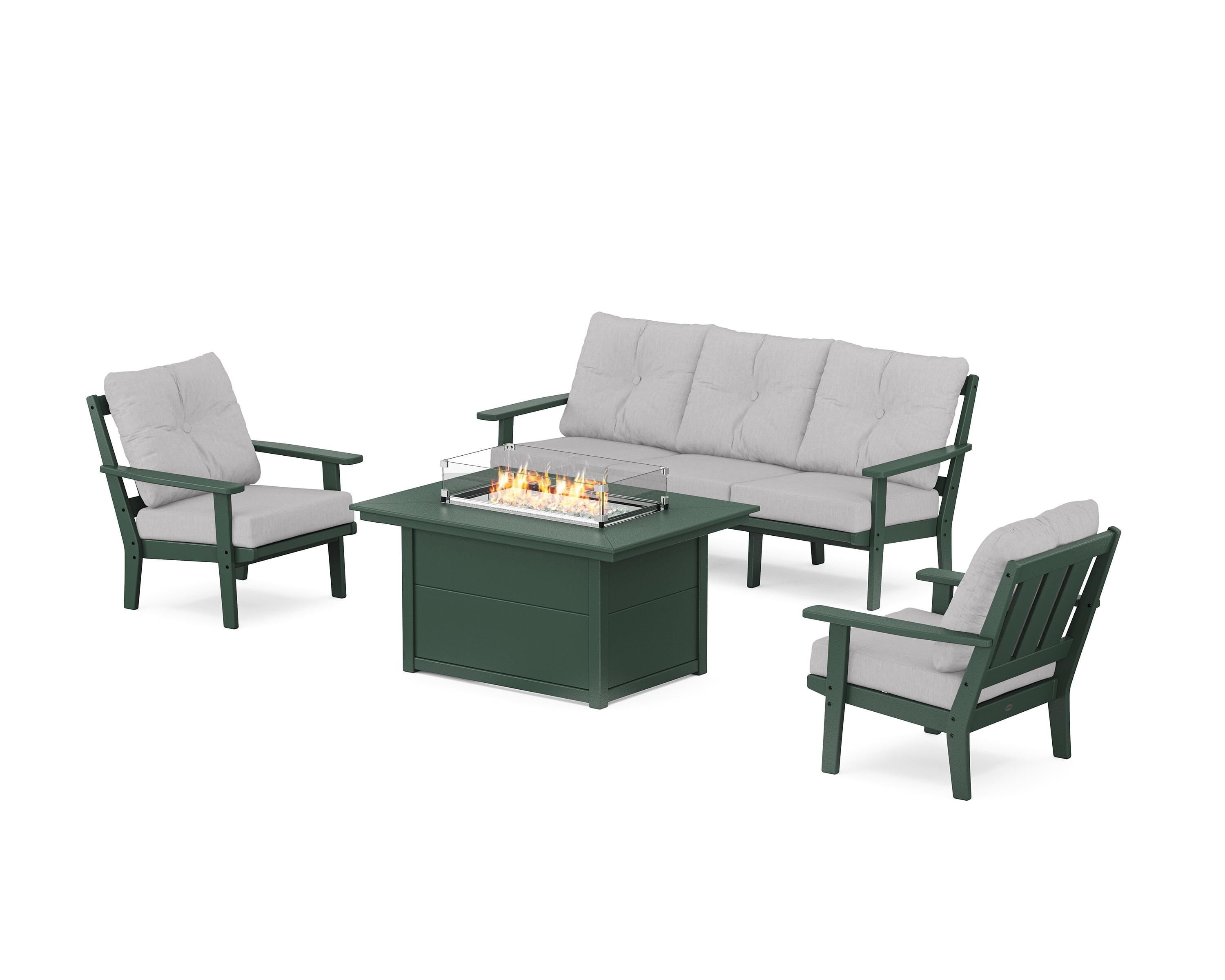 POLYWOOD Oxford Deep Seating Fire Pit Table Set in Green / Granite