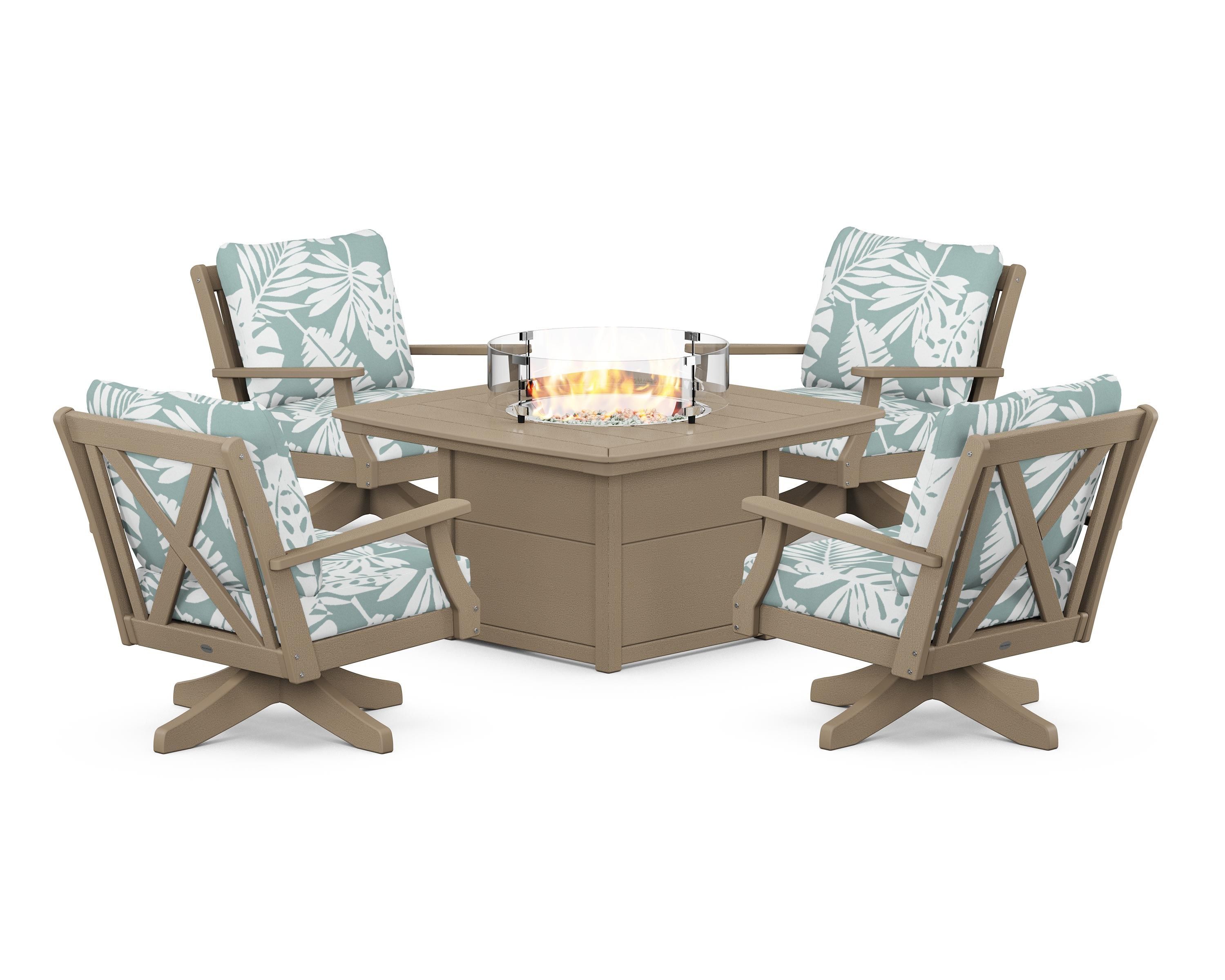 POLYWOOD Braxton 5-Piece Deep Seating Swivel Conversation Set with Fire Pit Table in Vintage Sahara / Leaf Glacier Spa