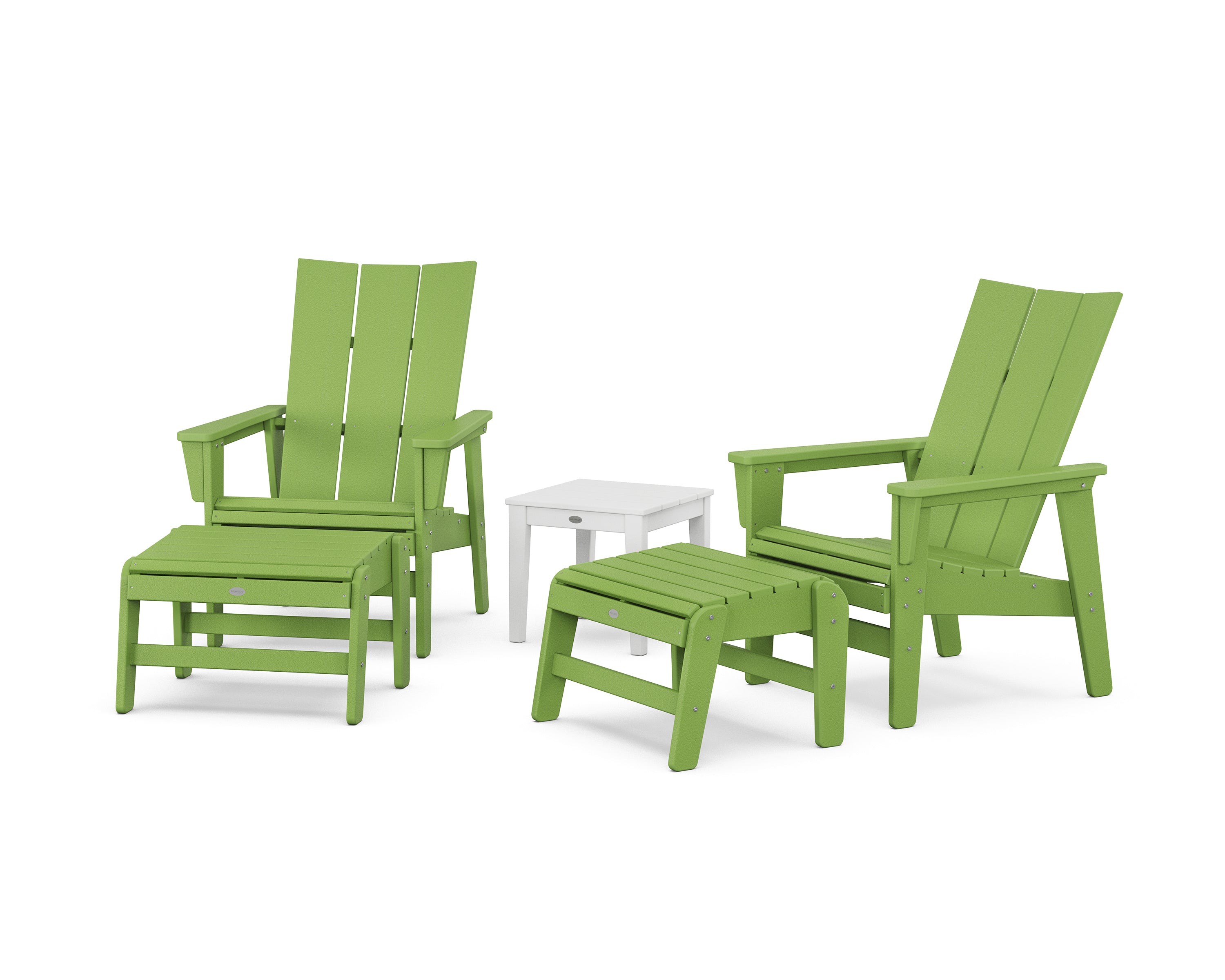 POLYWOOD® 5-Piece Modern Grand Upright Adirondack Set with Ottomans and Side Table in Lime / White