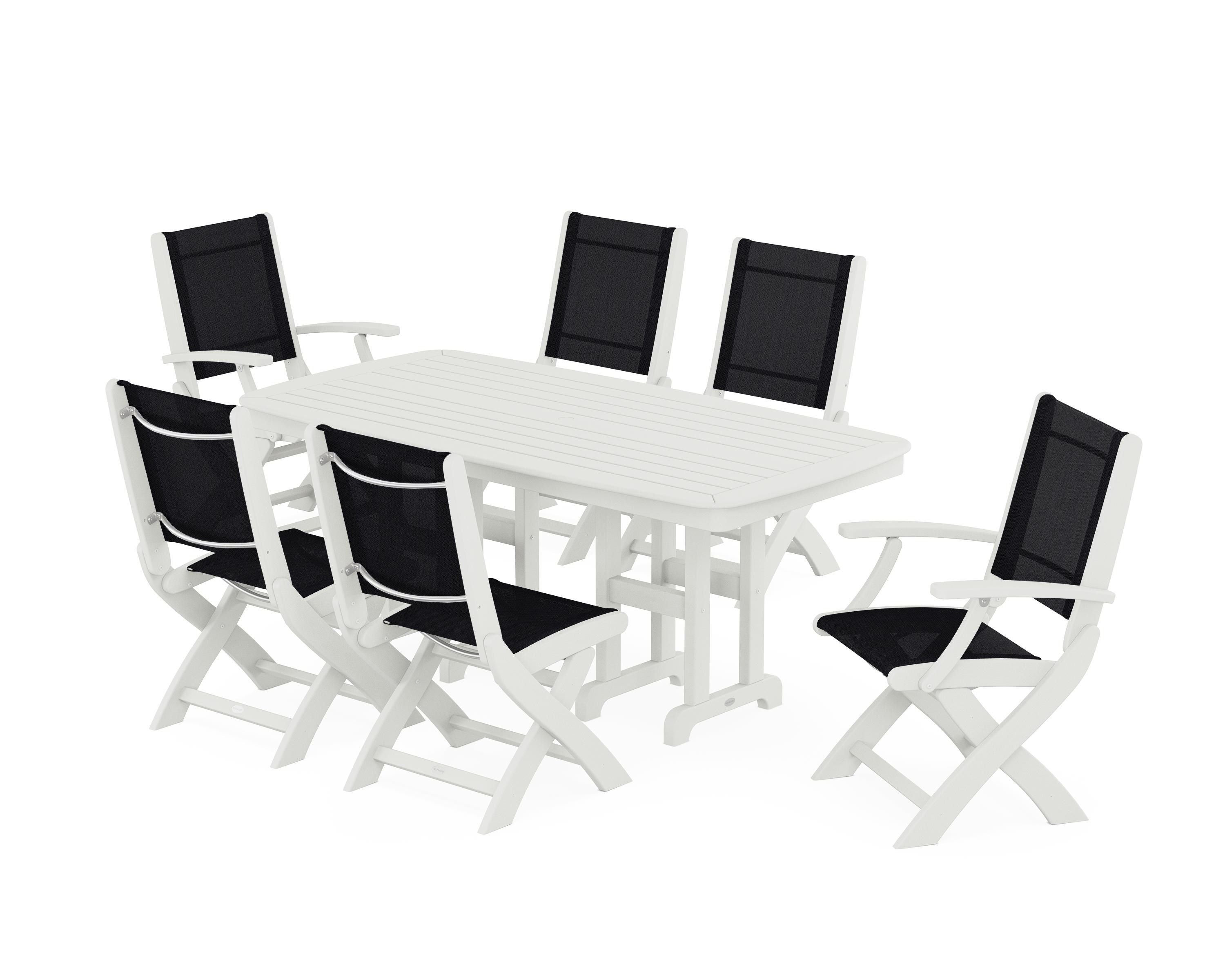 POLYWOOD Coastal Folding Chair 7-Piece Dining Set in Vintage White / Black Sling