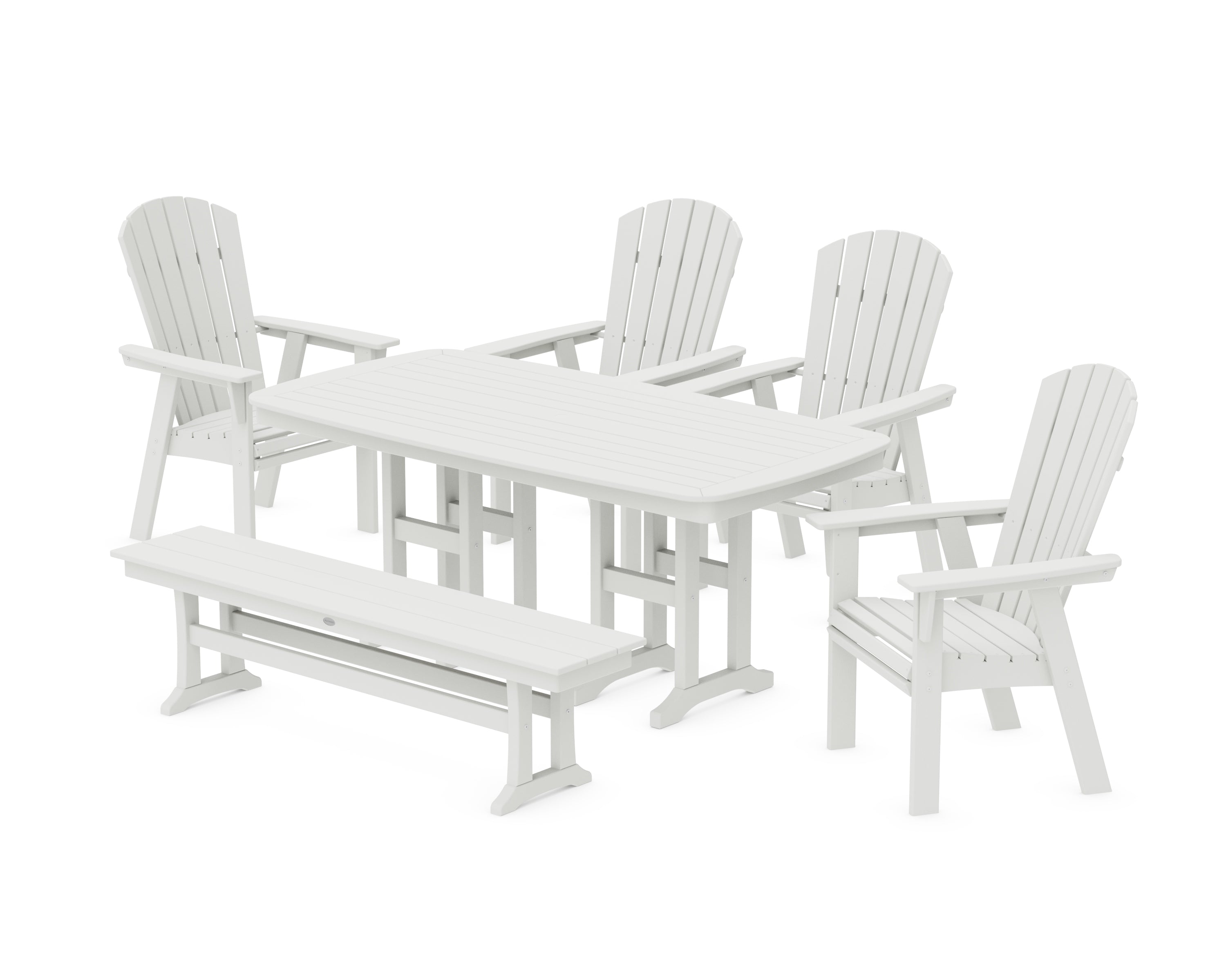 POLYWOOD Nautical Curveback Adirondack 6-Piece Dining Set with Bench in Vintage White