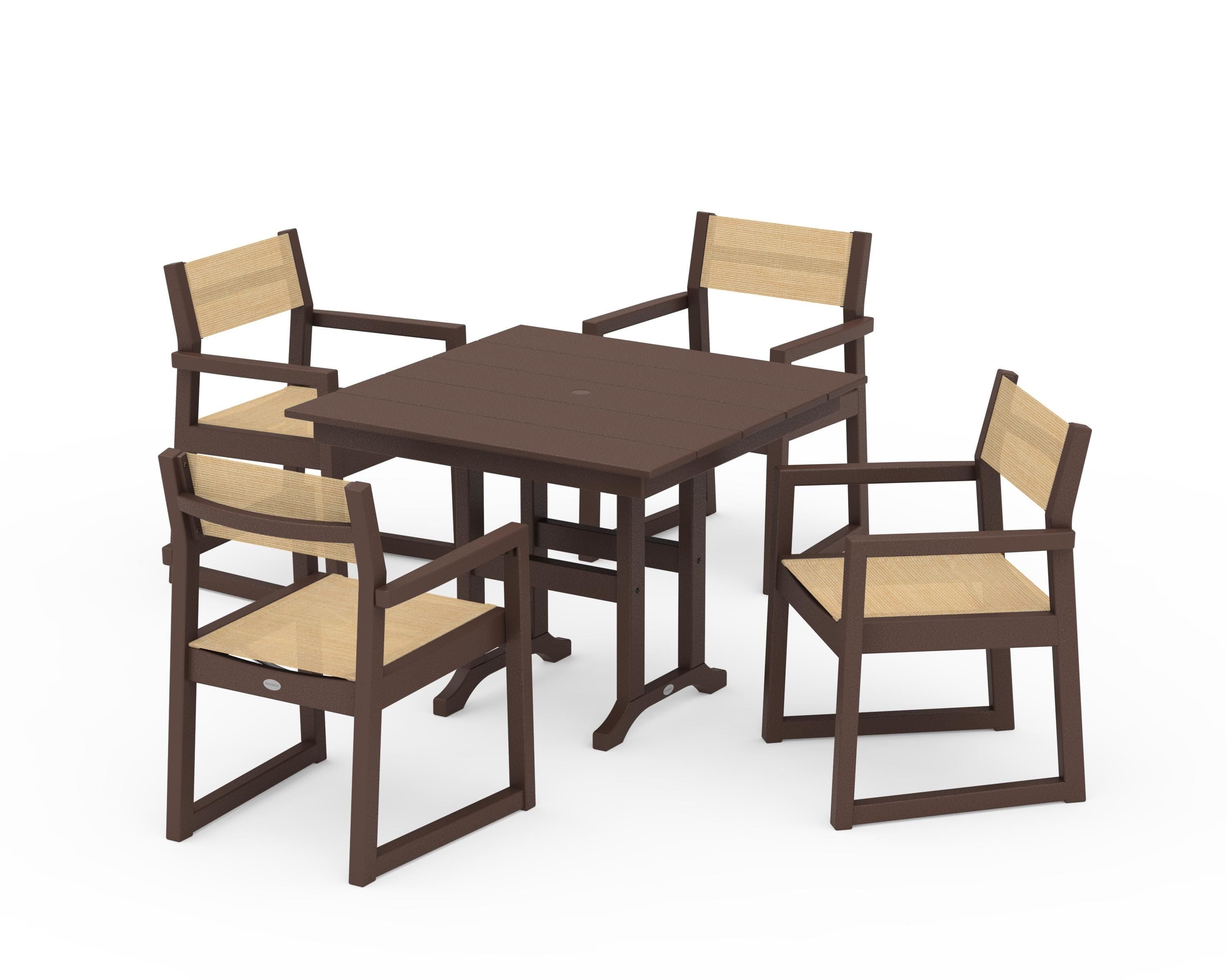POLYWOOD EDGE Sling Arm Chair 5-Piece Farmhouse Dining Set in Mahogany / Dupioni Apricot Sling