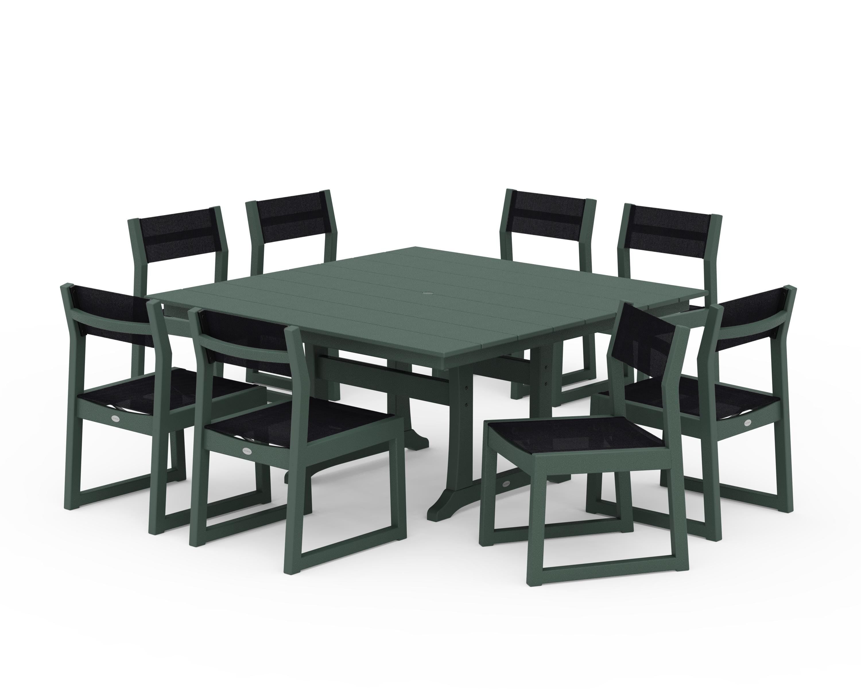 POLYWOOD EDGE Sling Side Chair 9-Piece Farmhouse Trestle Dining Set in Green / Black Sling