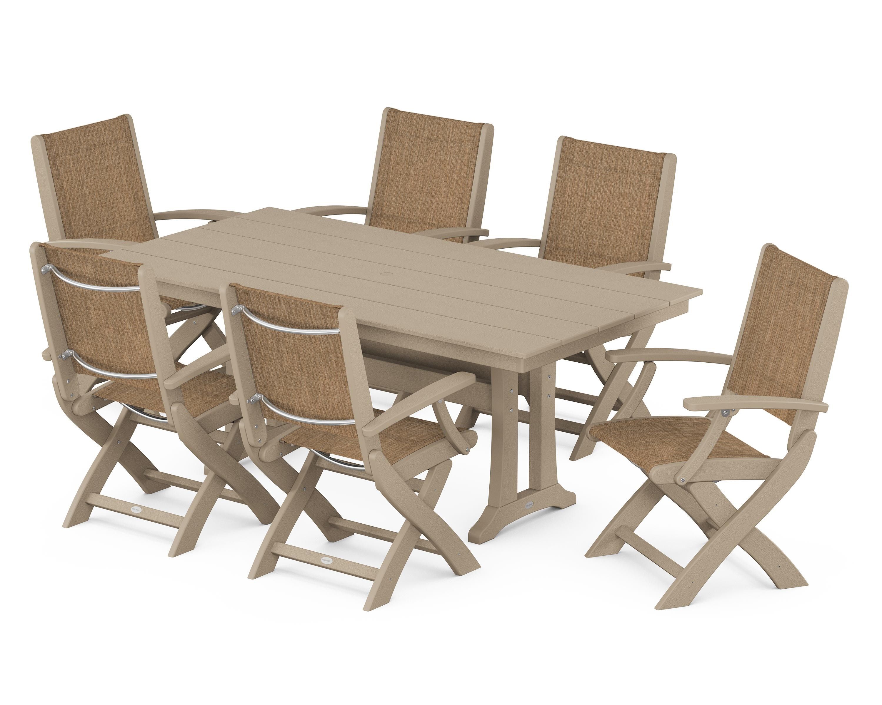 POLYWOOD Coastal Folding Arm Chair 7-Piece Farmhouse Dining Set with Trestle Legs in Vintage Sahara / Burlap Sling