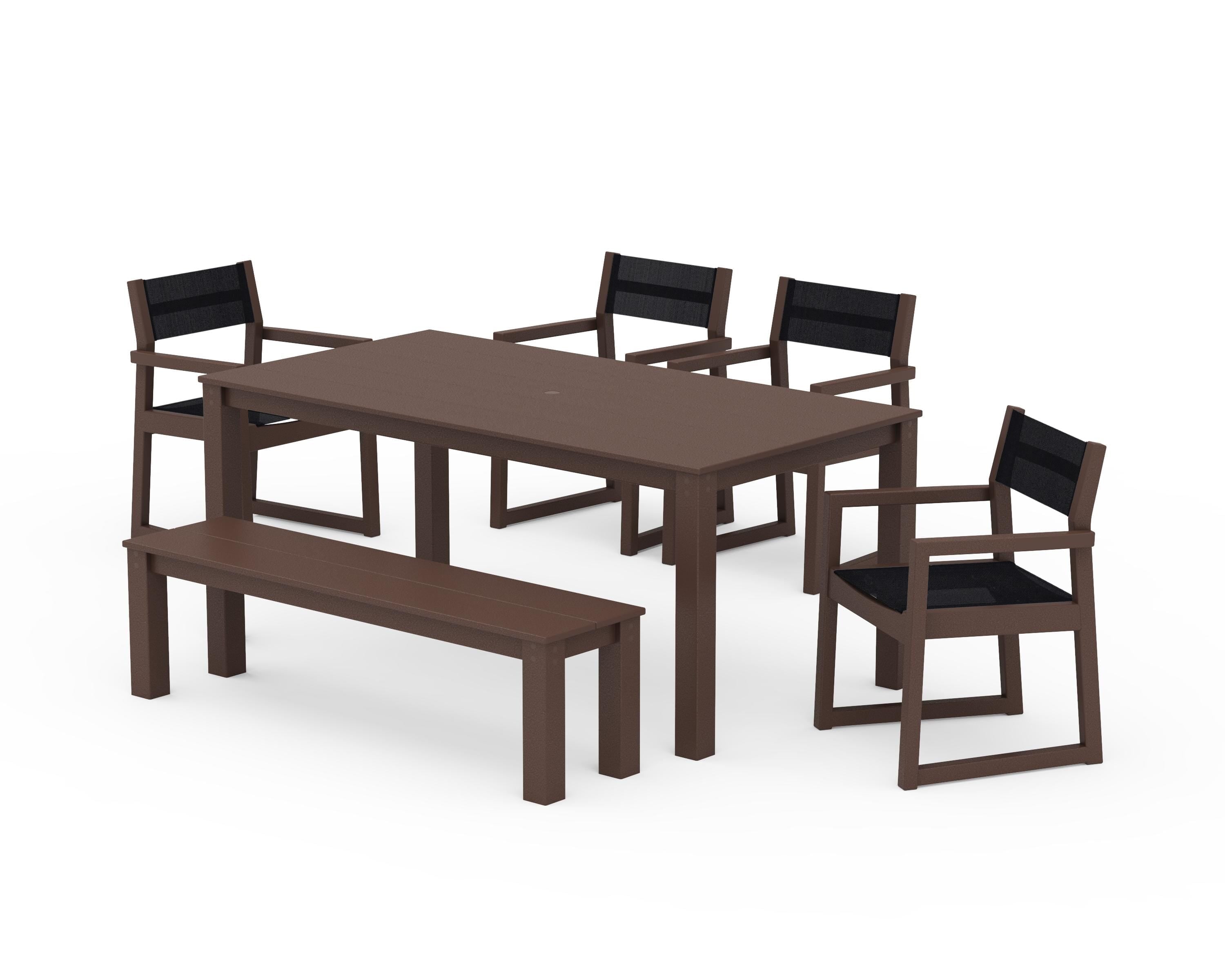 POLYWOOD EDGE Sling Arm Chair 6-Piece Parsons Dining Set with Bench in Mahogany / Black Sling