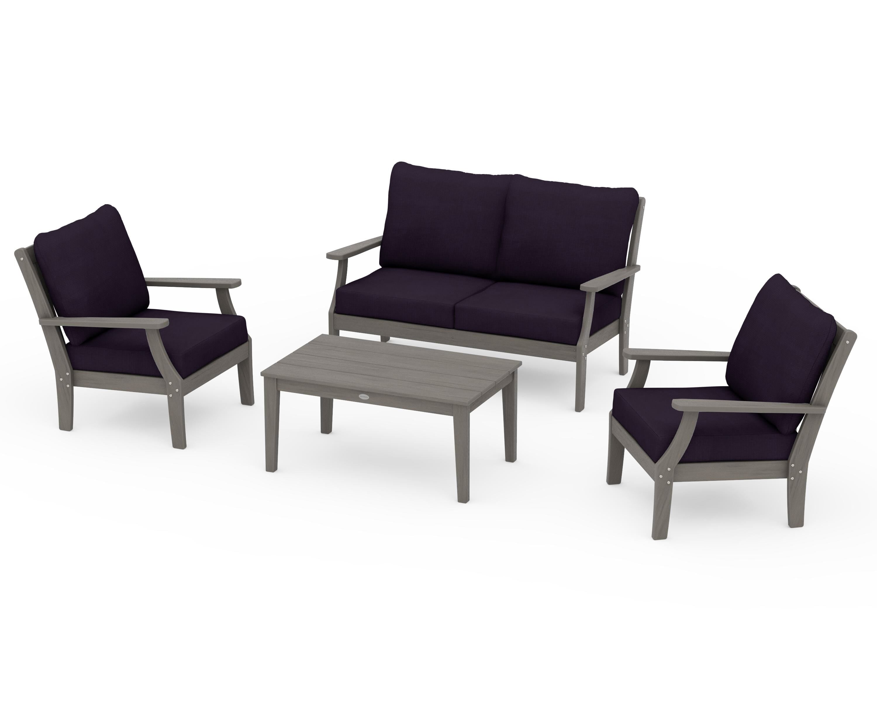 POLYWOOD Braxton 4-Piece Deep Seating Chair Set in Driftwood / Navy Linen