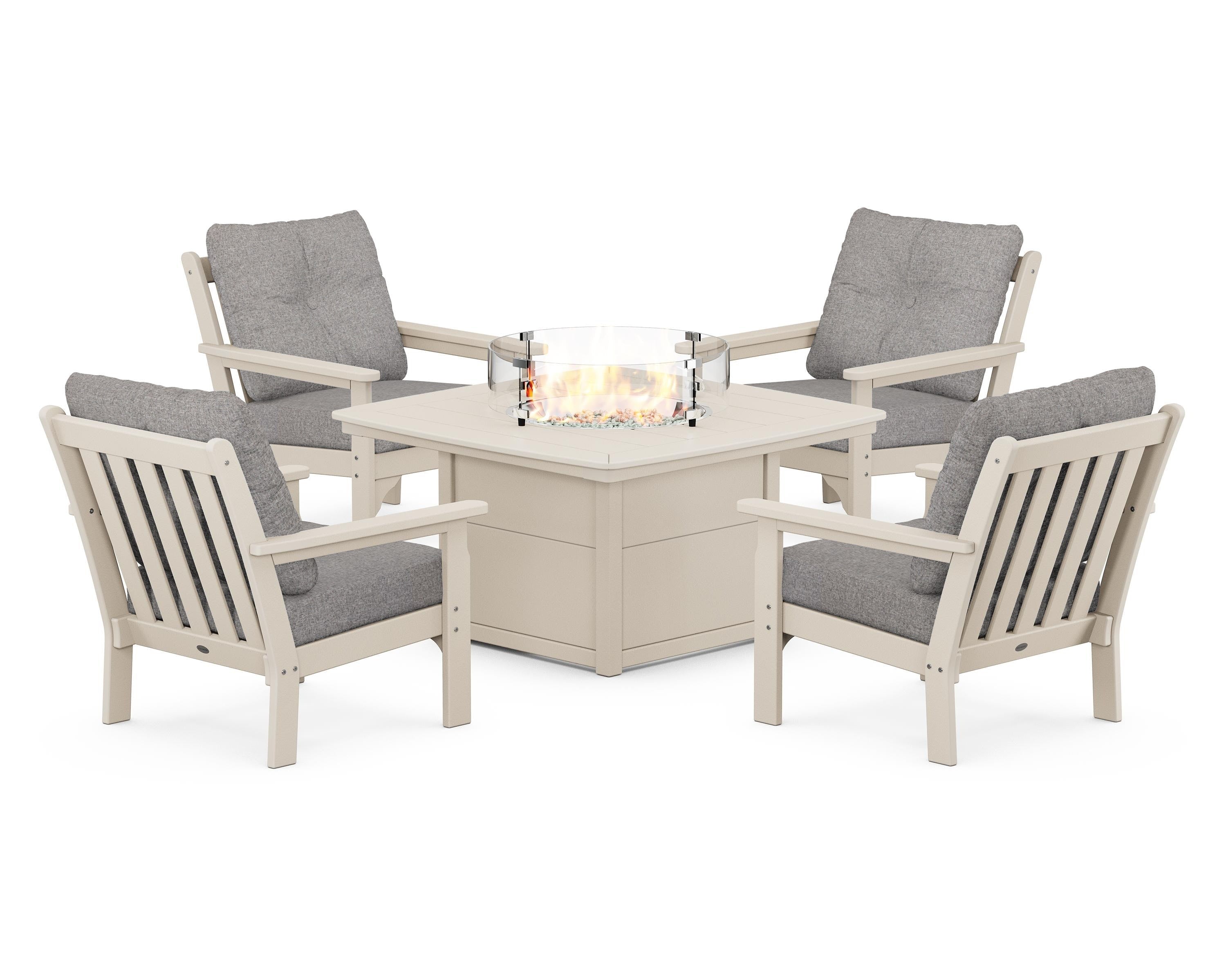POLYWOOD Vineyard 5-Piece Conversation Set with Fire Pit Table in Sand / Grey Mist