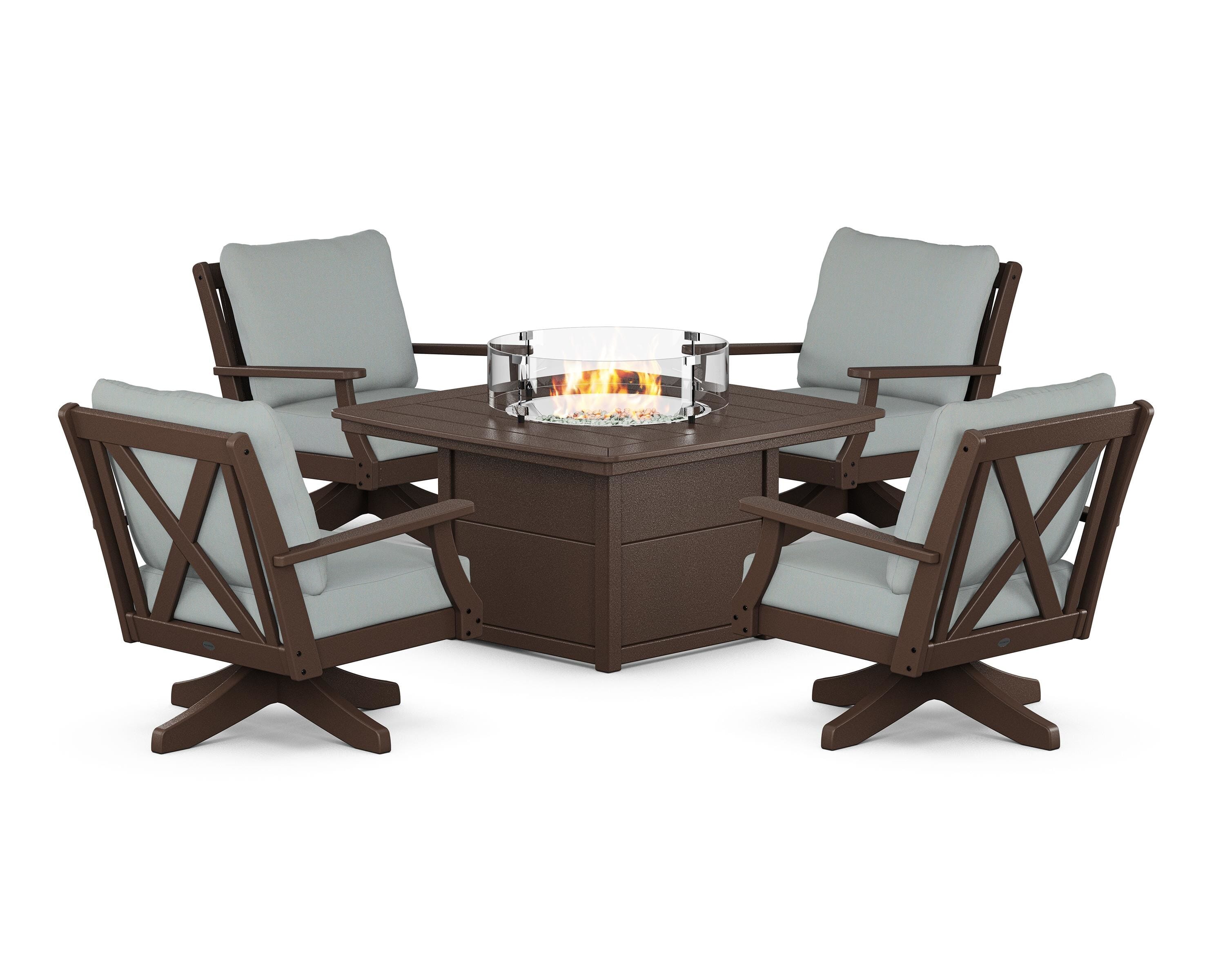 POLYWOOD Braxton 5-Piece Deep Seating Swivel Conversation Set with Fire Pit Table in Mahogany / Spa