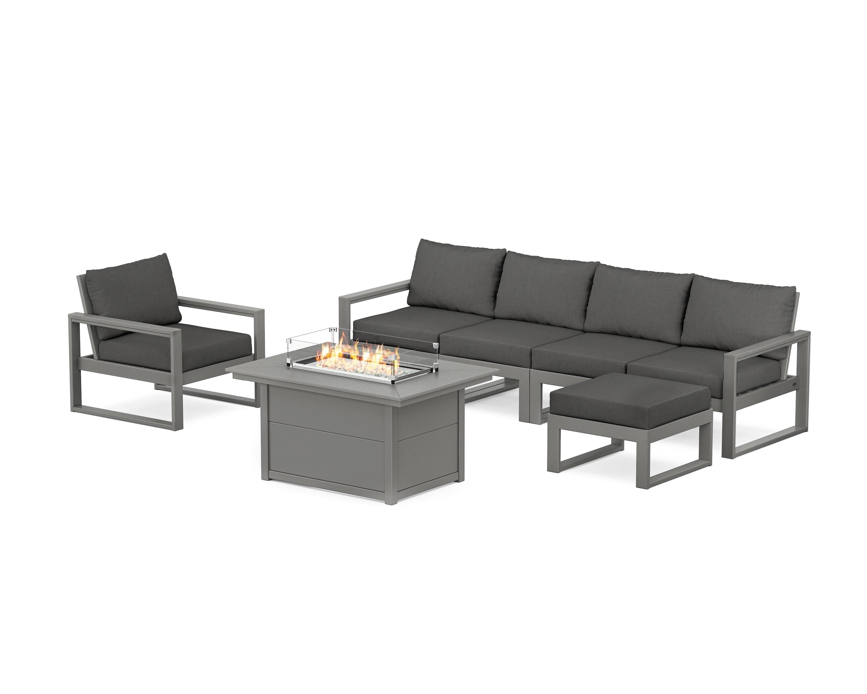POLYWOOD EDGE Sectional Lounge and Fire Pit Set in Slate Grey / Spectrum Carbon
