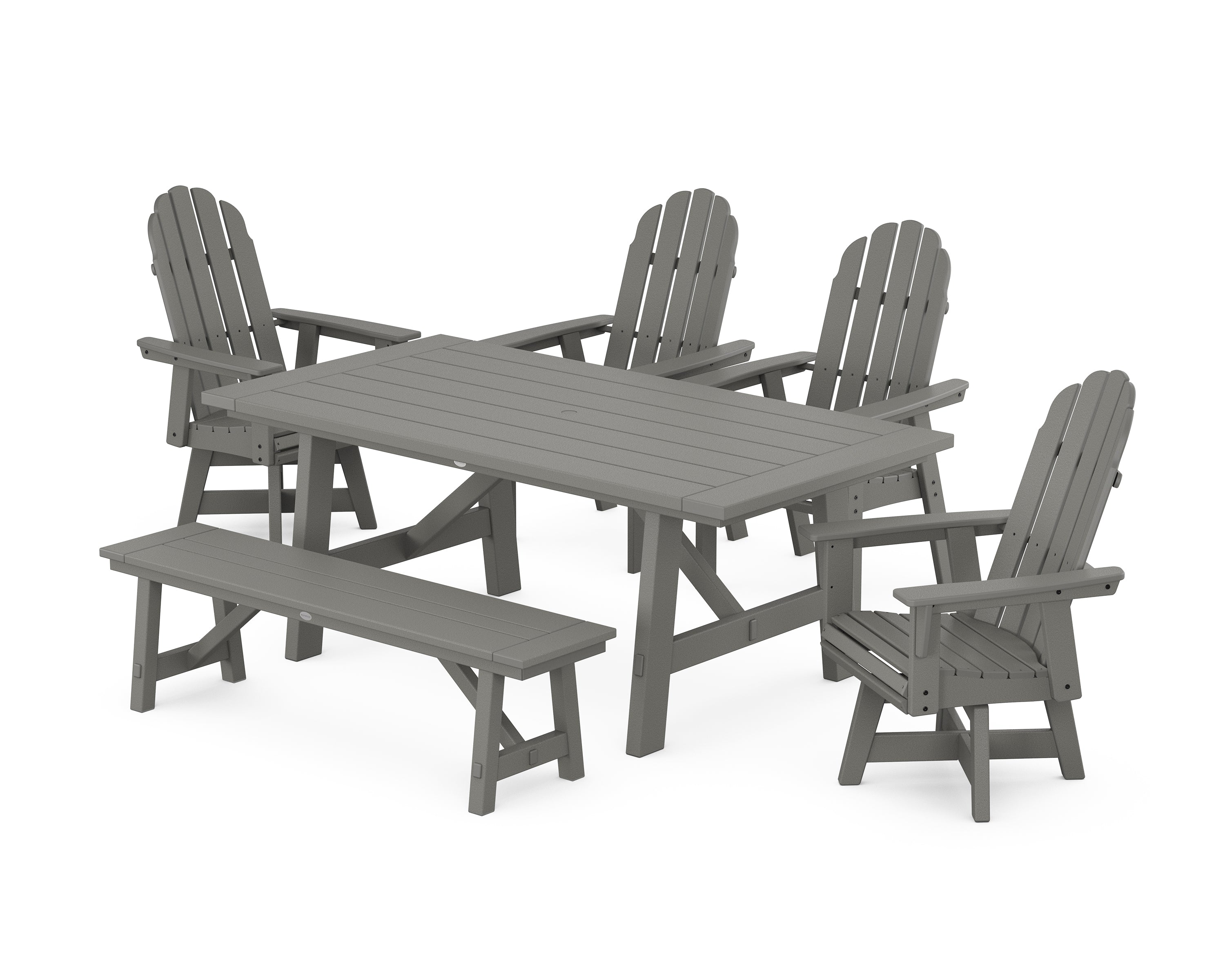 POLYWOOD® Vineyard Curveback Adirondack Swivel Chair 6-Piece Rustic Farmhouse Dining Set With Bench in Slate Grey