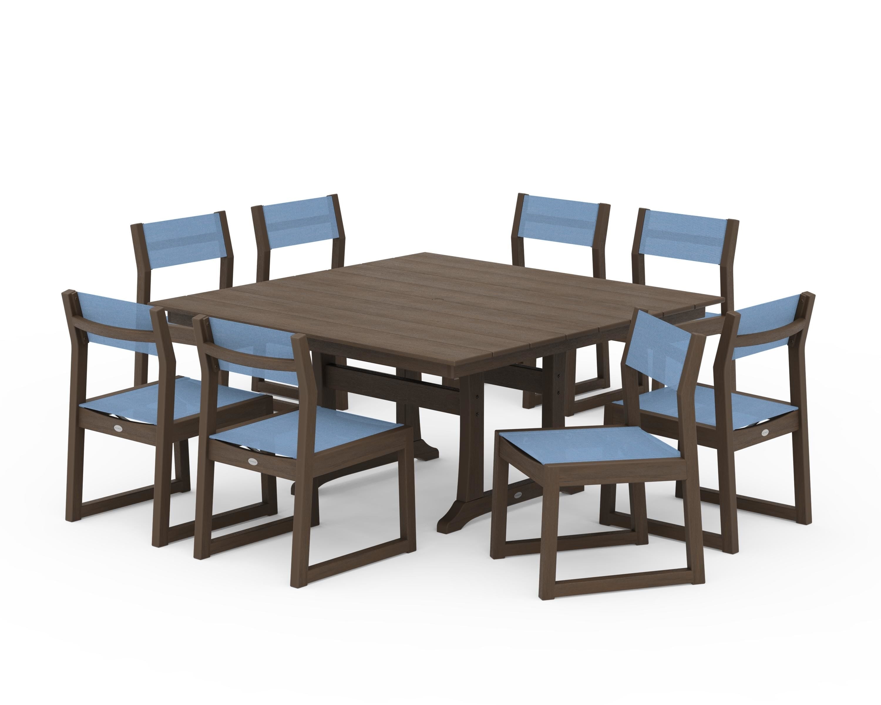 POLYWOOD EDGE Sling Side Chair 9-Piece Farmhouse Trestle Dining Set in Kona / Poolside Sling