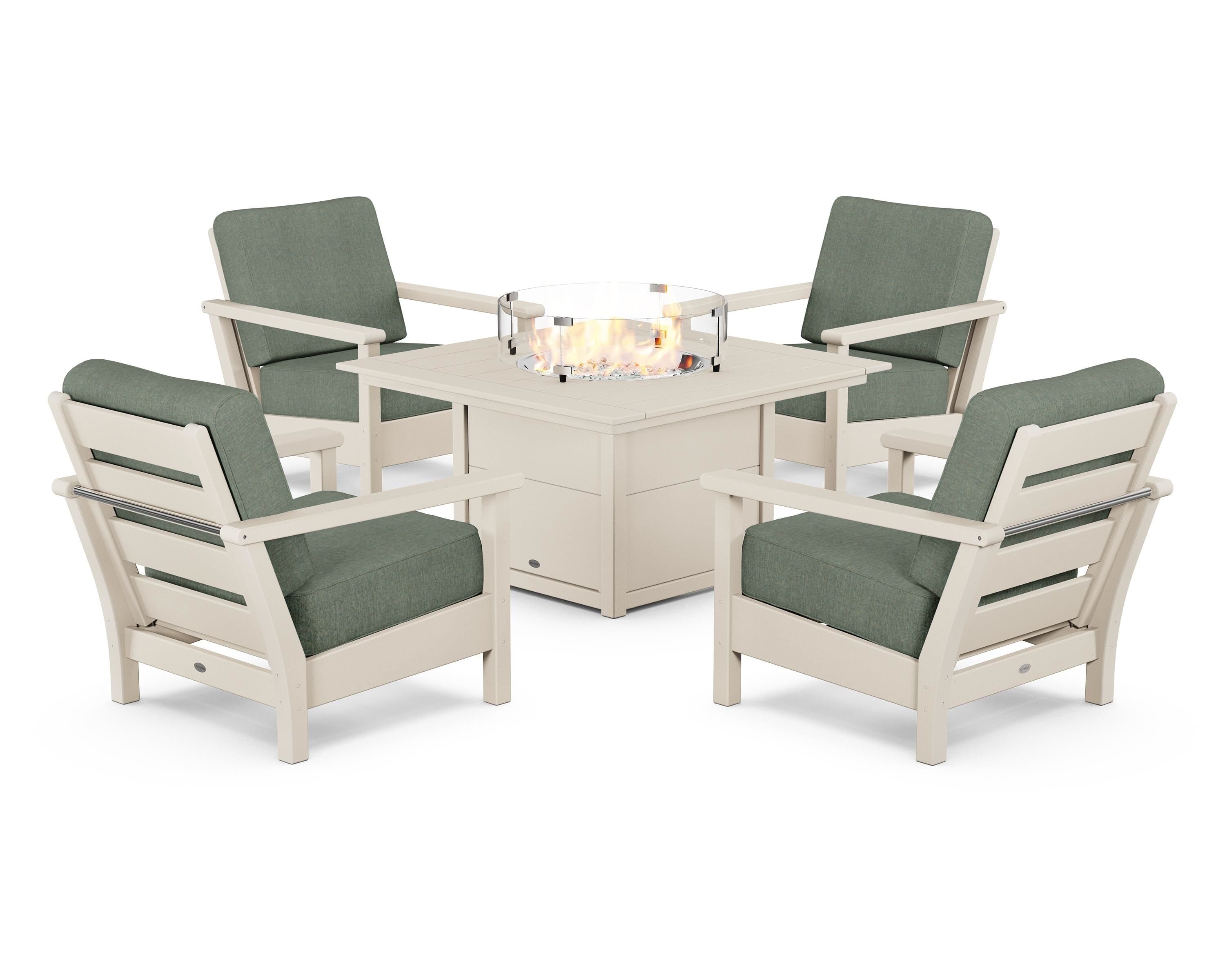 POLYWOOD Harbour 5-Piece Conversation Set with Fire Pit Table in Sand / Cast Sage