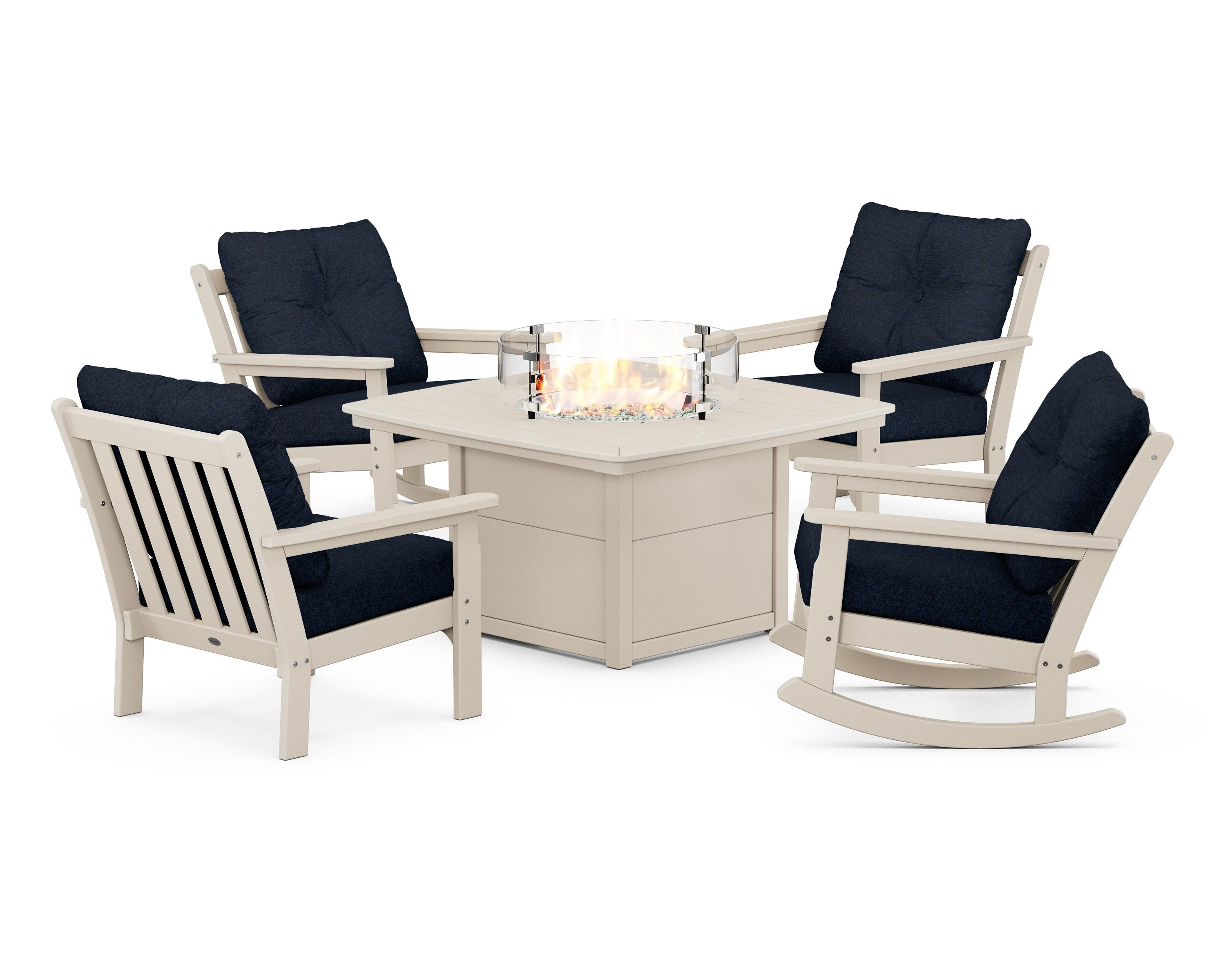 POLYWOOD Vineyard 5-Piece Deep Seating Rocking Chair Conversation Set with Fire Pit Table in Sand / Marine Indigo