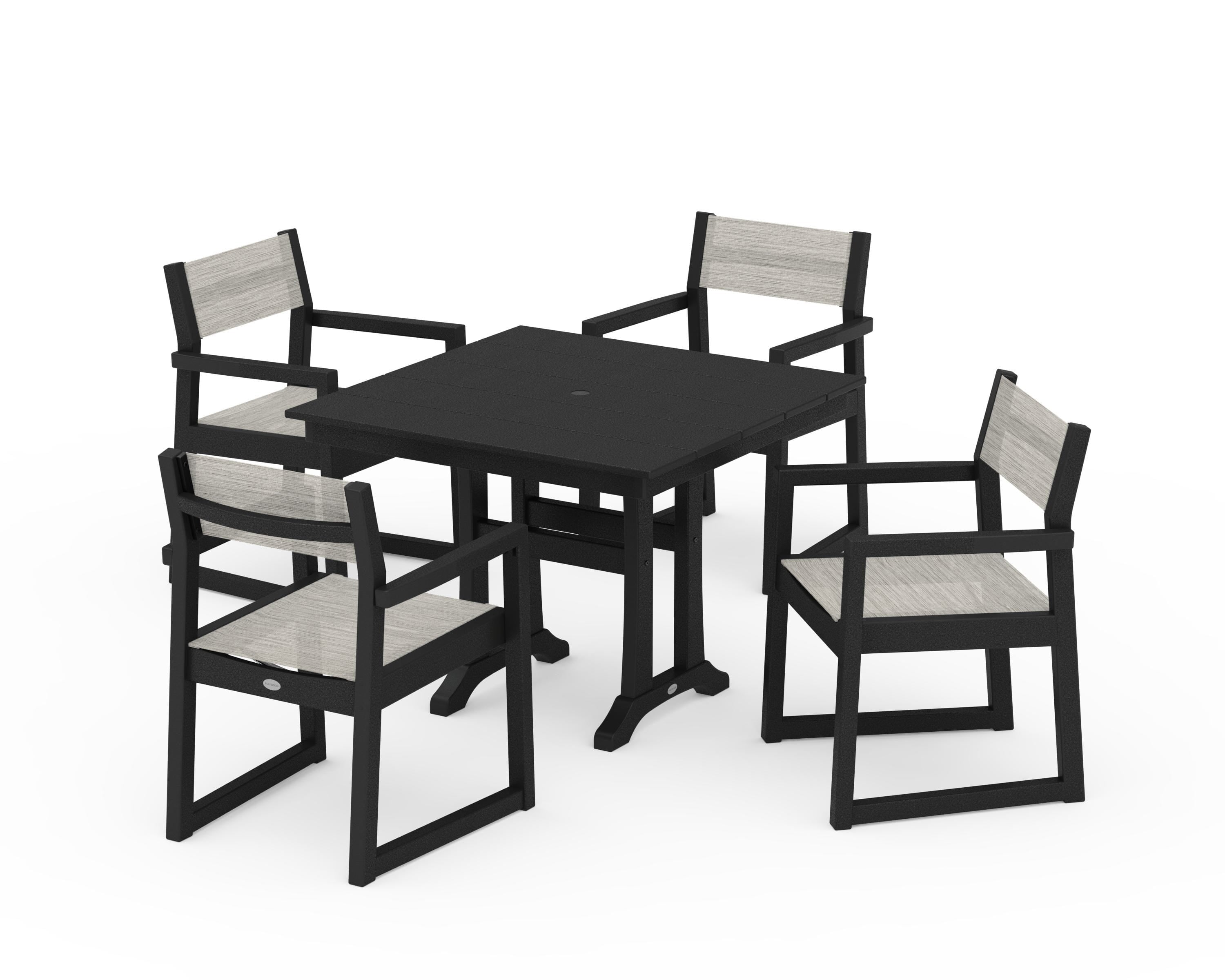 POLYWOOD EDGE Sling 5-Piece Farmhouse Dining Set with Trestle Legs in Black / Birch Sling