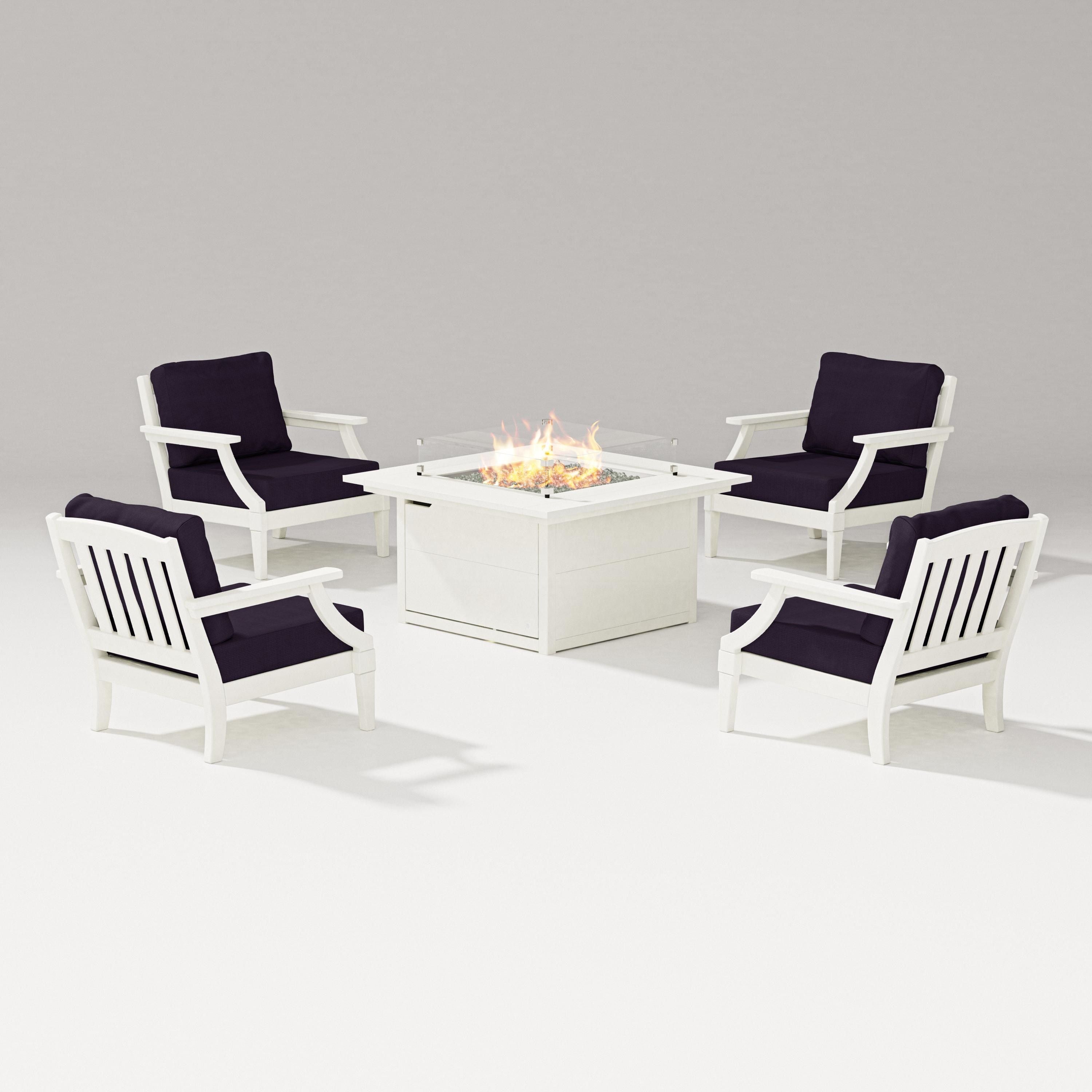 PW Designer Series Estate 5-Piece Lounge Fire Table Set in Vintage White / Navy Linen