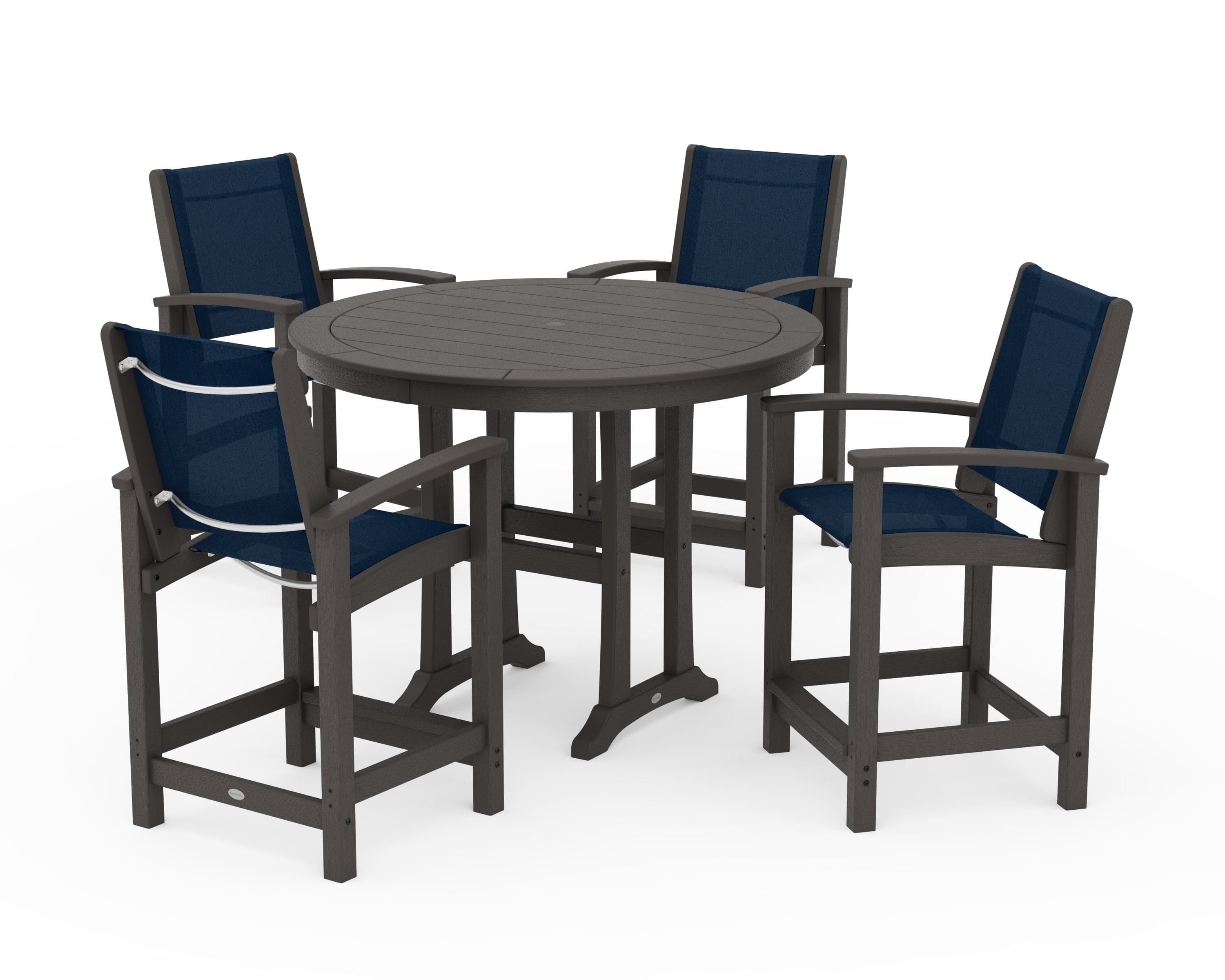 POLYWOOD Coastal 5-Piece Counter Set in Vintage Coffee / Navy Blue Sling