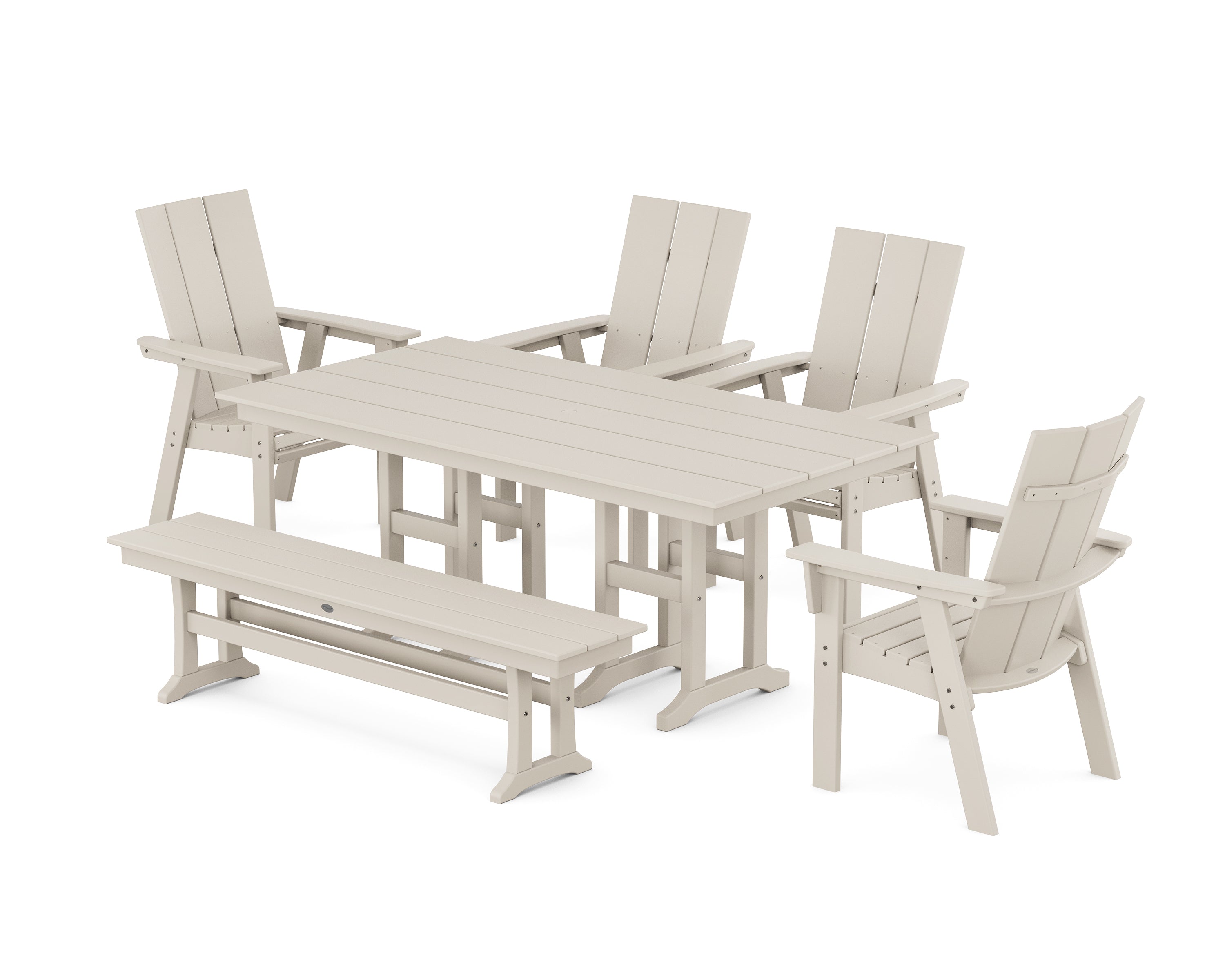 POLYWOOD Modern Curveback Adirondack 6-Piece Farmhouse Dining Set with Bench in Sand