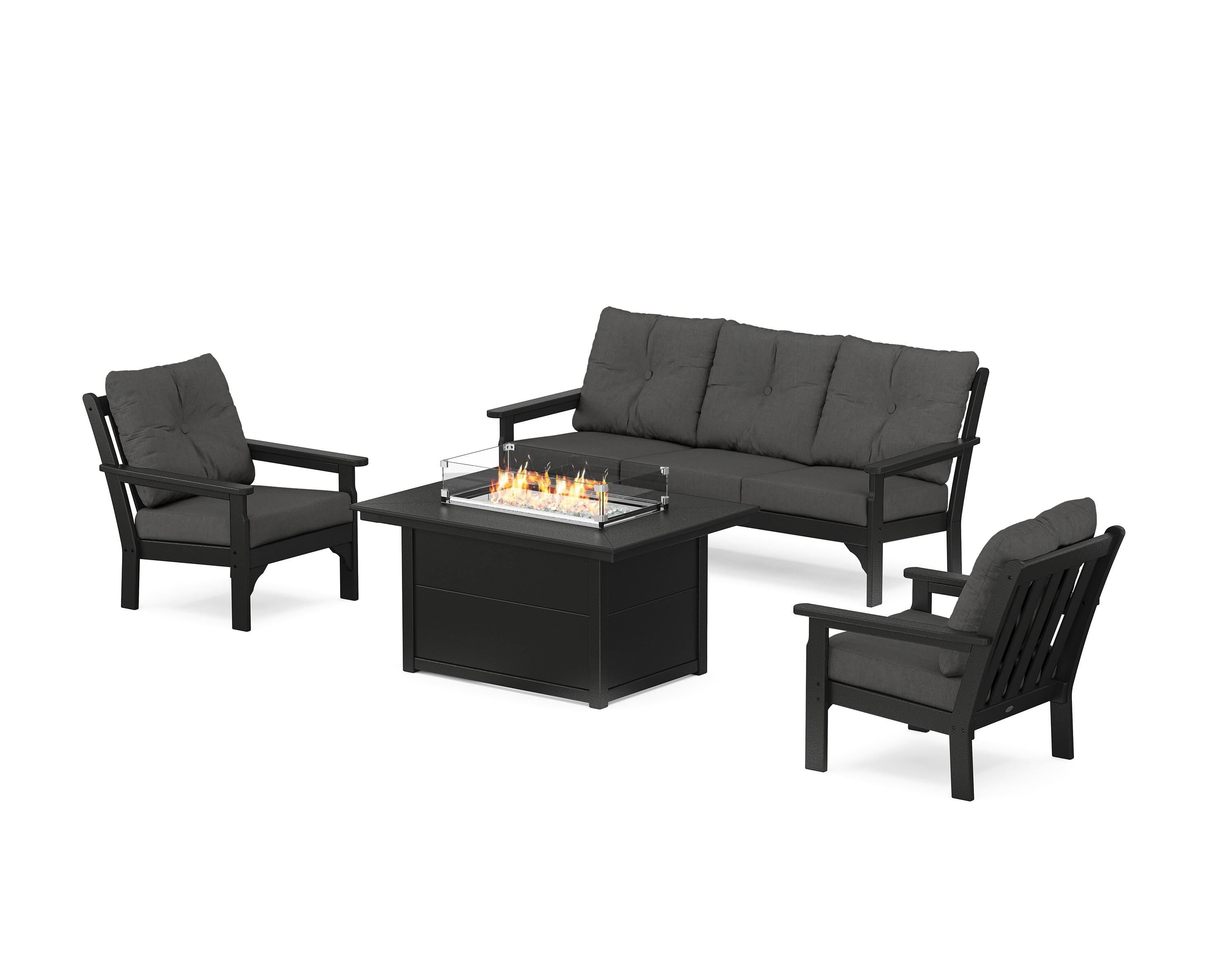 POLYWOOD Vineyard Deep Seating Fire Pit Table Set in Black / Spectrum Carbon