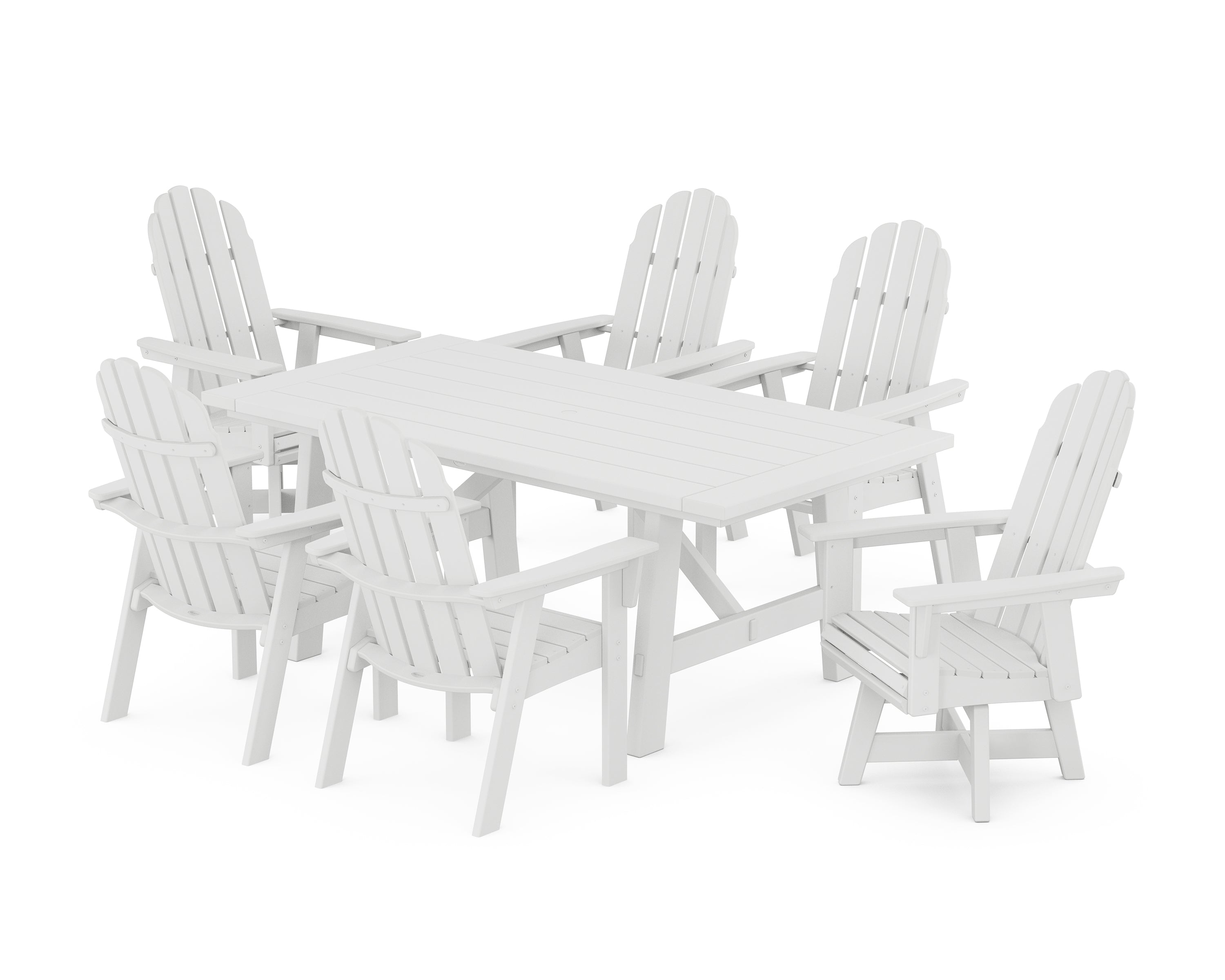 POLYWOOD® Vineyard Curveback Adirondack Swivel Chair 7-Piece Rustic Farmhouse Dining Set in White