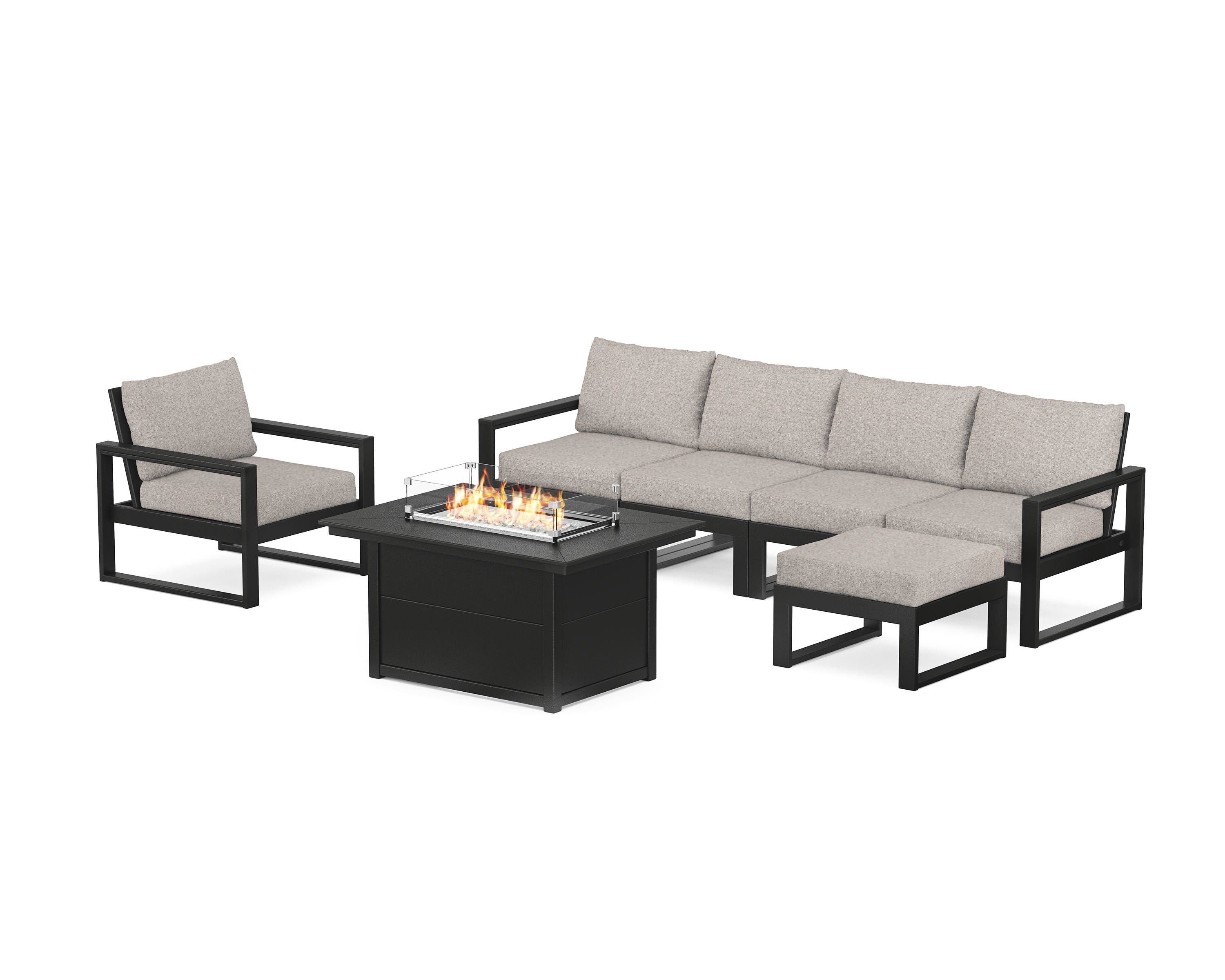 POLYWOOD EDGE Sectional Lounge and Fire Pit Set in Black / Weathered Tweed