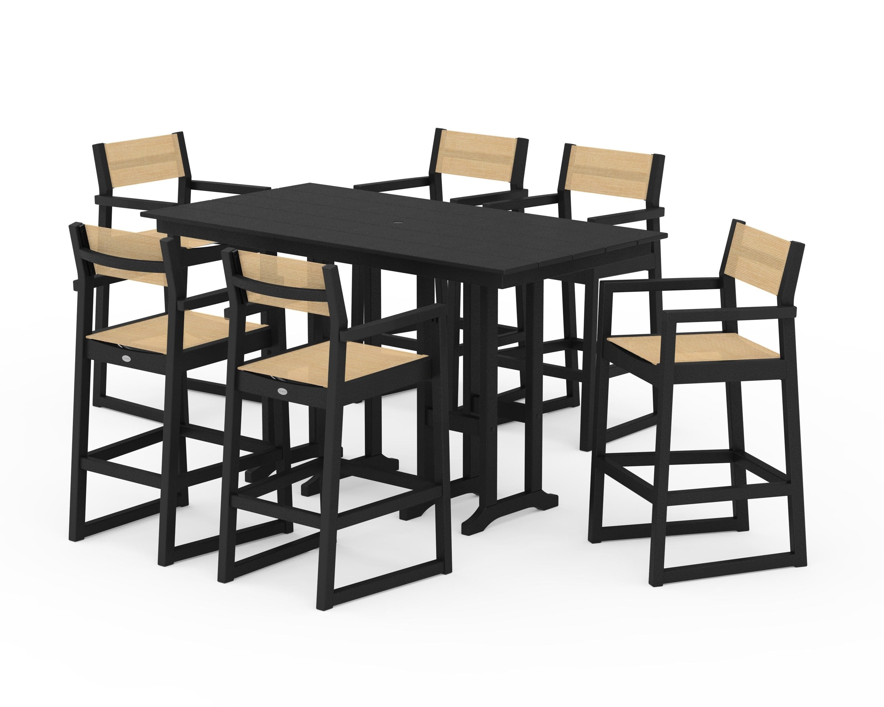 POLYWOOD EDGE Sling Arm Chair 7-Piece Farmhouse Bar Set in Black / Dupioni Apricot Sling